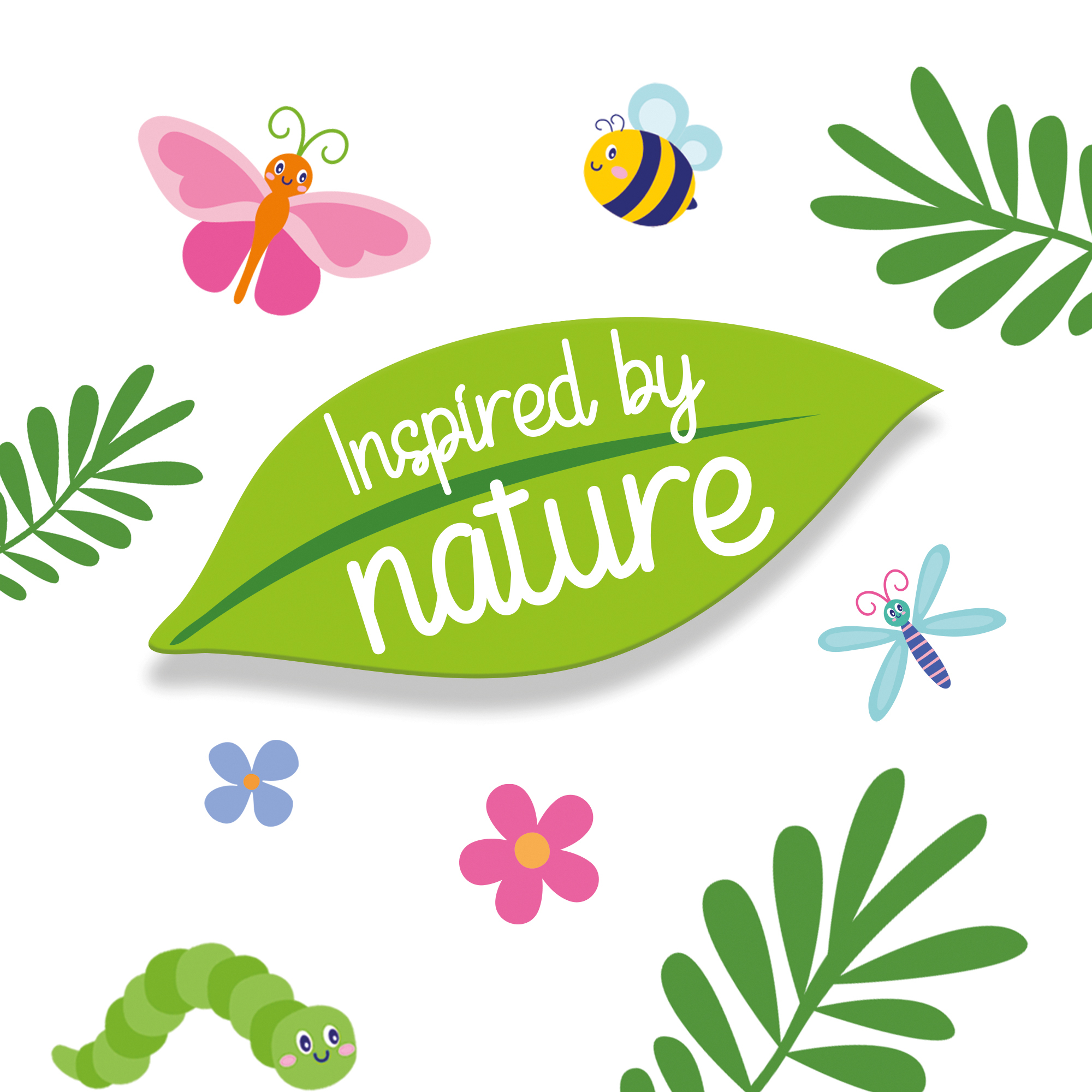 Zielony liść z napisem 'Inspired by nature' i ilustracjami owadów i kwiatów.