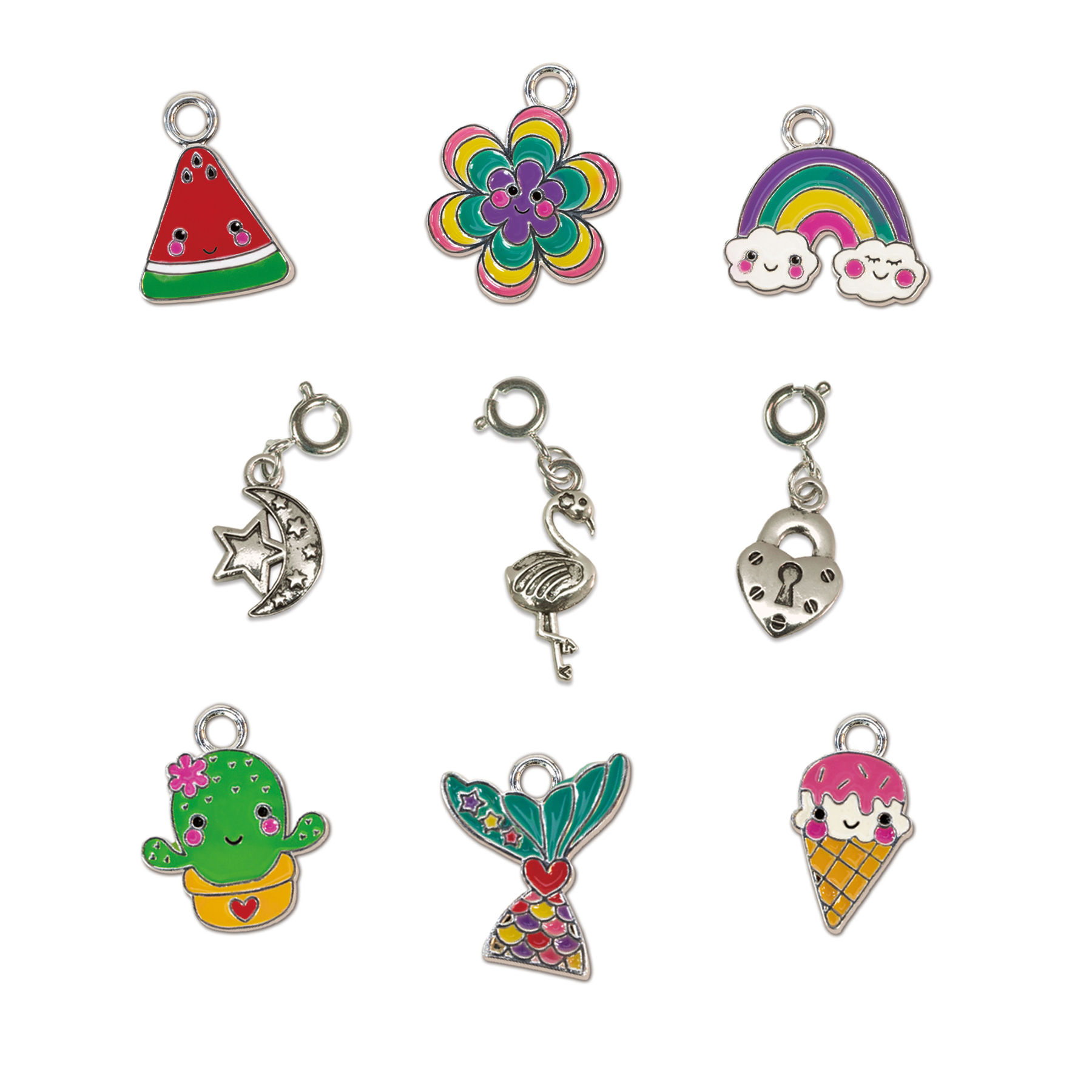 Dziewięć kolorowych zawieszek: arbuz, kwiat, tęcza, księżyc, flaming, kłódka, kaktus, syrena, lody.