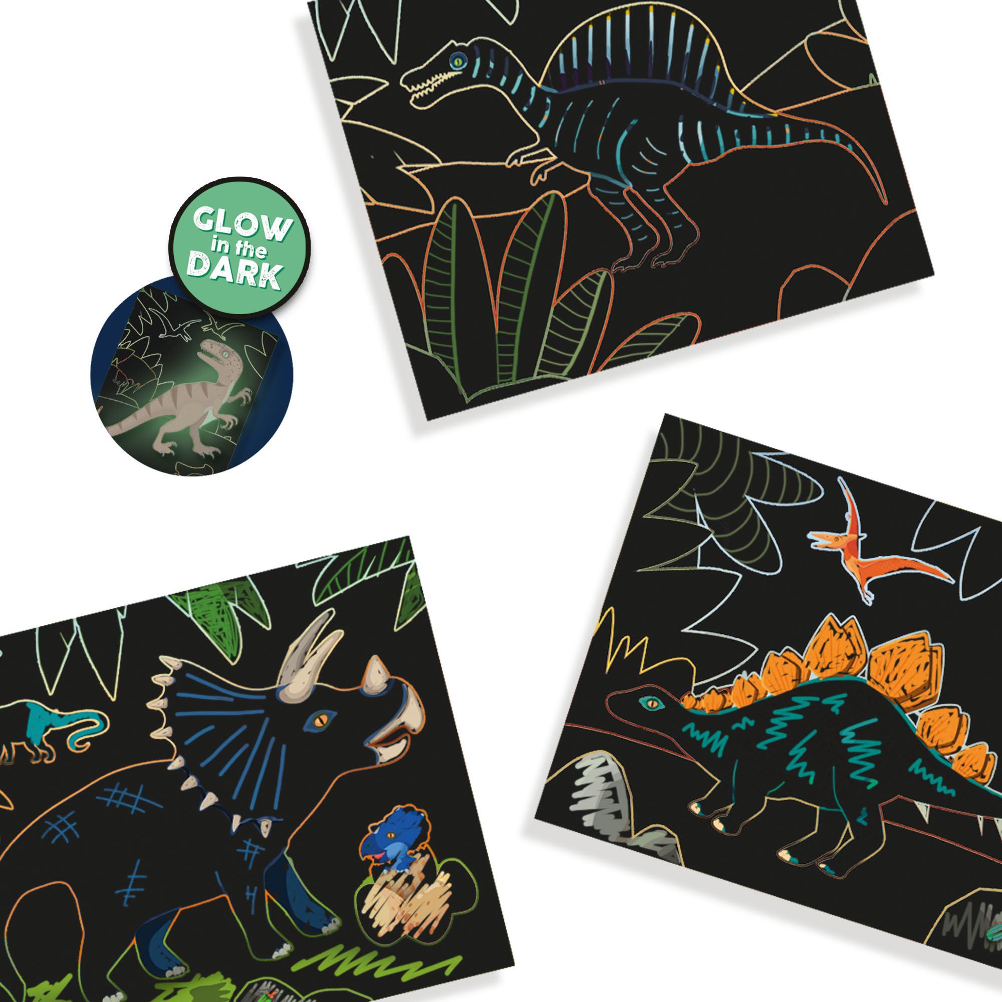 Trzy czarne karty do zdrapywania z ilustracjami dinozaurów. Jedna świeci w ciemności.