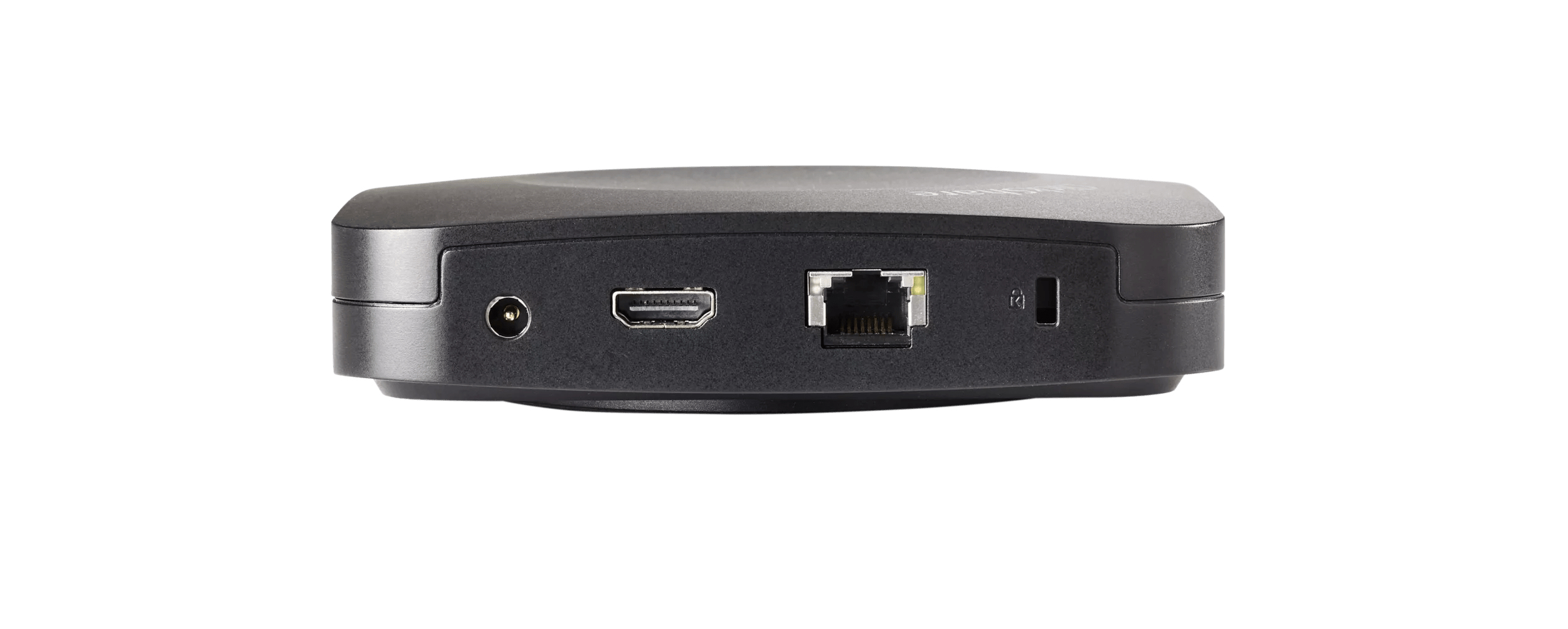 Un dispositivo nero, che mostra il retro con porte: alimentazione, HDMI, Ethernet e una fessura di sicurezza.