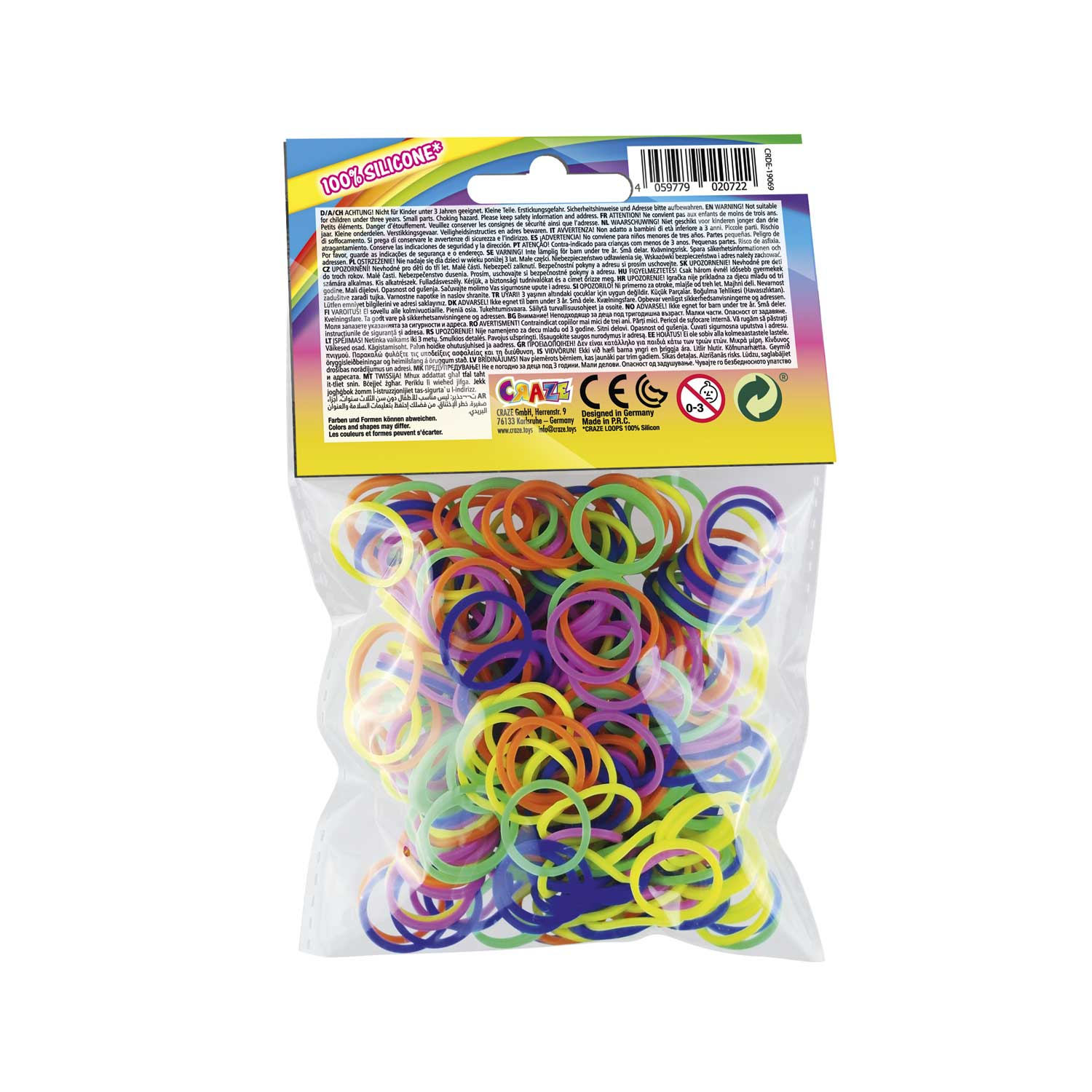 Worek z kolorowymi gumkami. Opakowanie zawiera tekst w wielu językach.