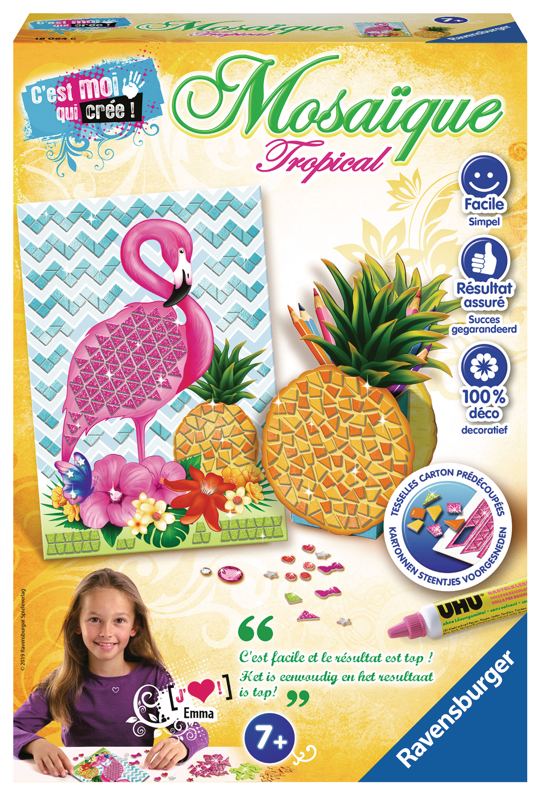 Ein Mosaik-Kunstset mit Flamingo, Ananas und anderen tropischen Elementen. Es ist für Kinder ab 7 Jahren geeignet.