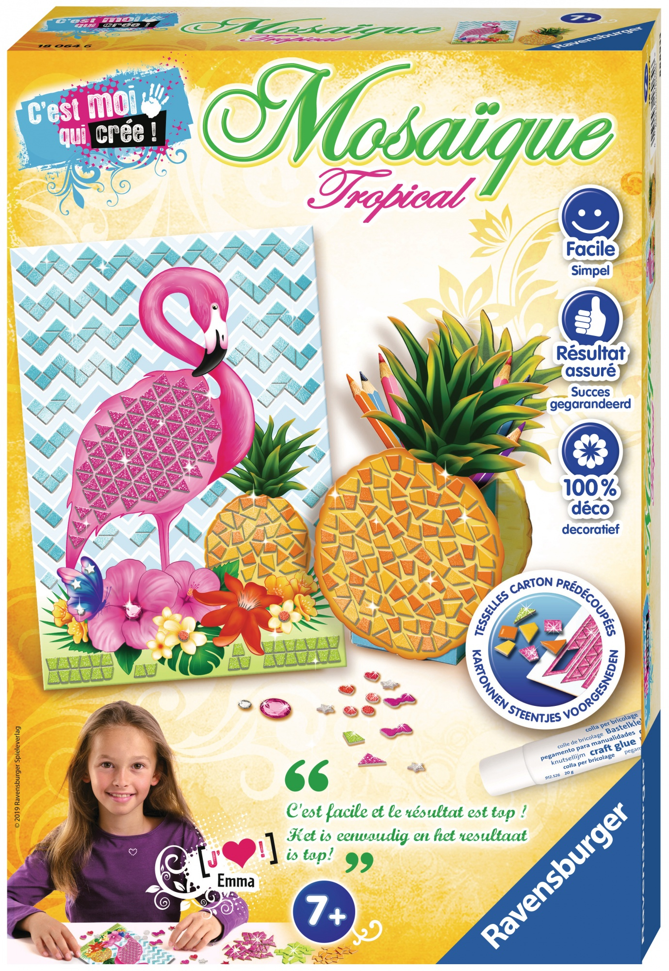 Eine Mosaik-Kit-Box mit einem Flamingo, Ananas, Blumen und einem Mädchen. Der Hintergrund ist ein tropisches Thema.