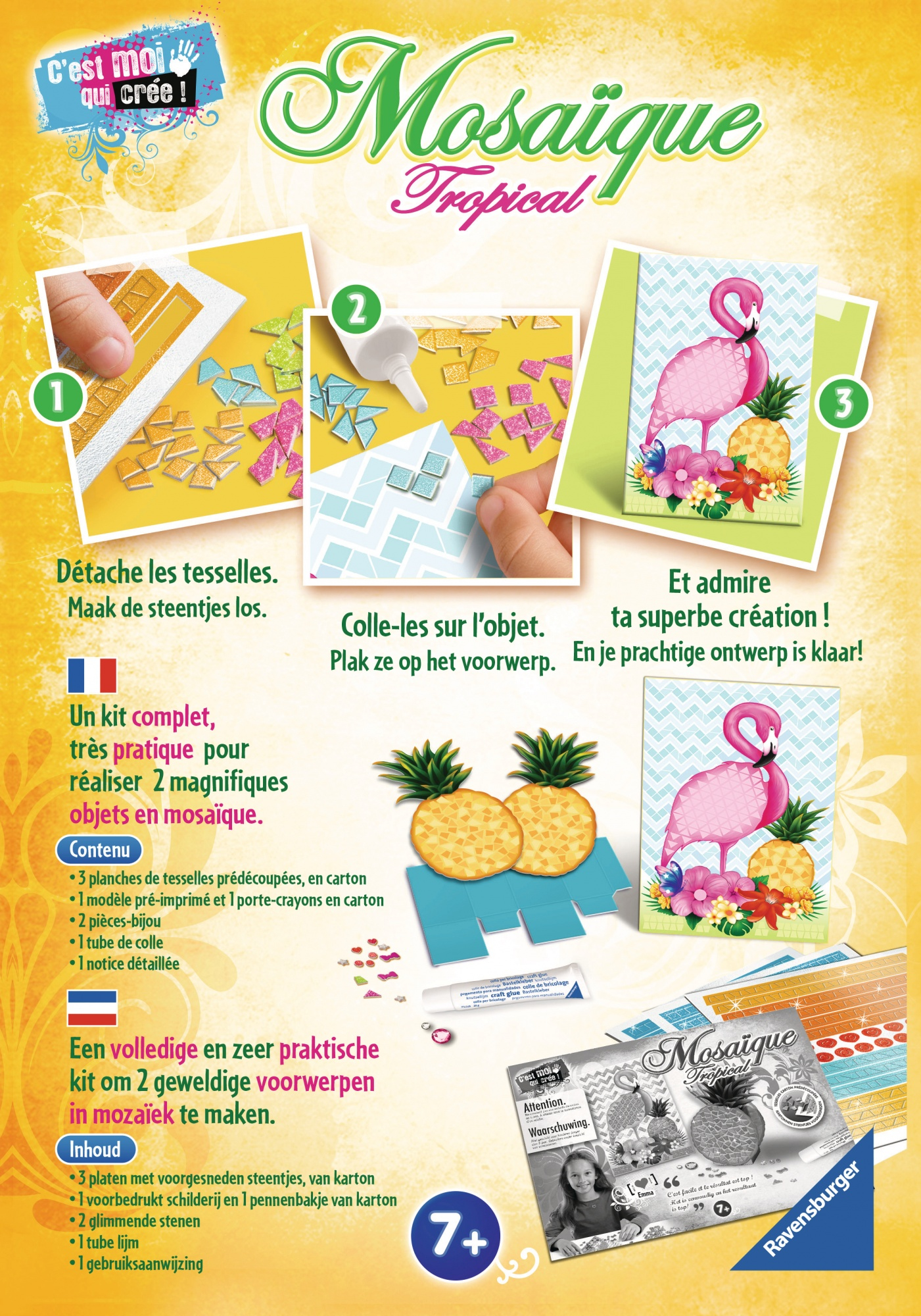 Eine Mosaik-Kit-Box mit einem Flamingo, Ananas, Blumen und Anweisungen auf der Box.
