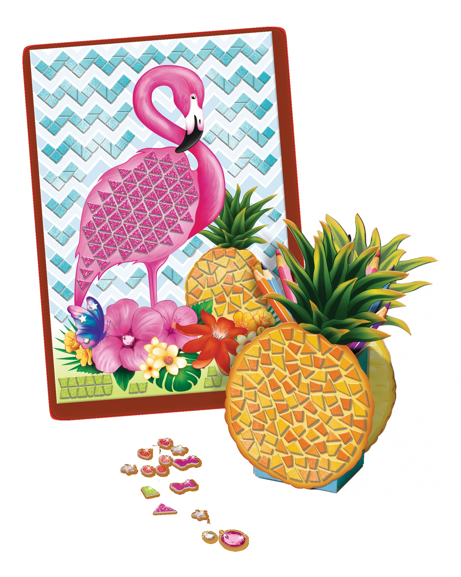 Eine Mosaik-Kunstszene mit Flamingo, Ananas und Blumen. Mosaikstücke sind ebenfalls sichtbar.