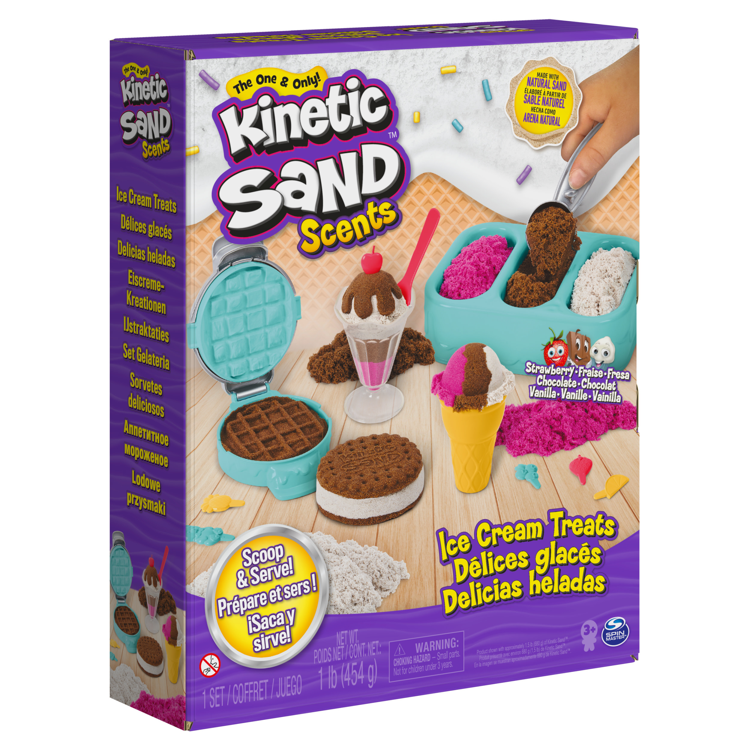 Un juego de caja de arena cinética con helados, que incluye una máquina para hacer gofres y varios colores de arena.