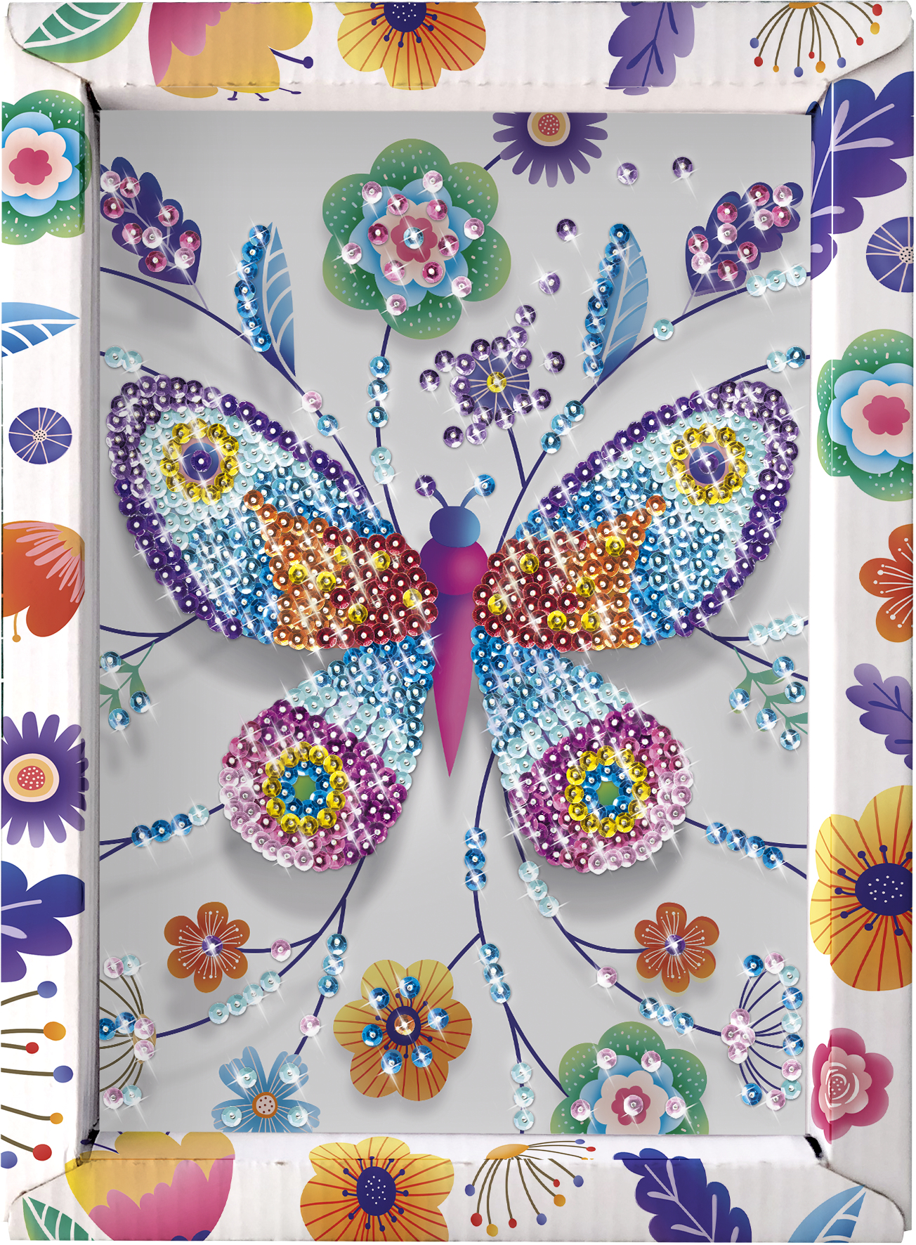 Dzieło sztuki z motylem z kolorowymi klejnotami w pudełku, otoczone kwiatami i wzorem motyla.