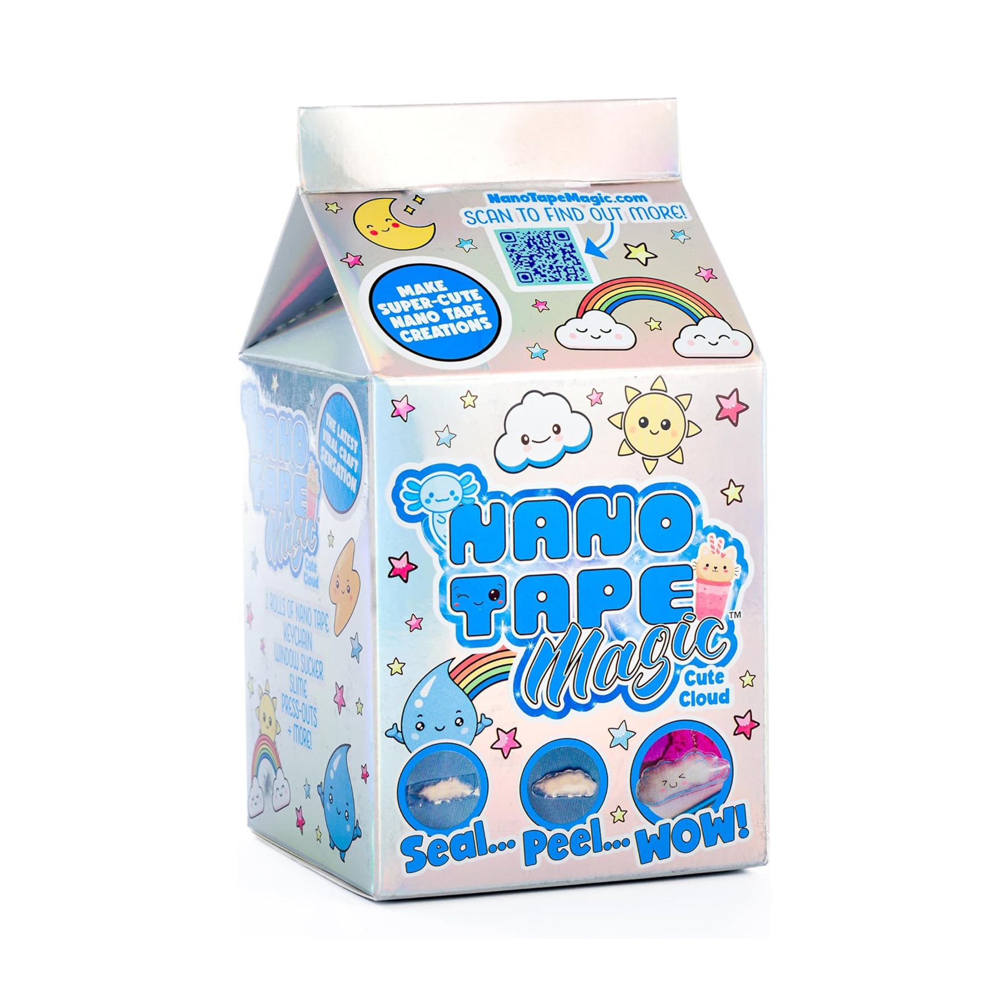 Pudełko z Nano Tape Magic, design kartonu po mleku, ze zdjęciami chmur, tęczy i taśmy.