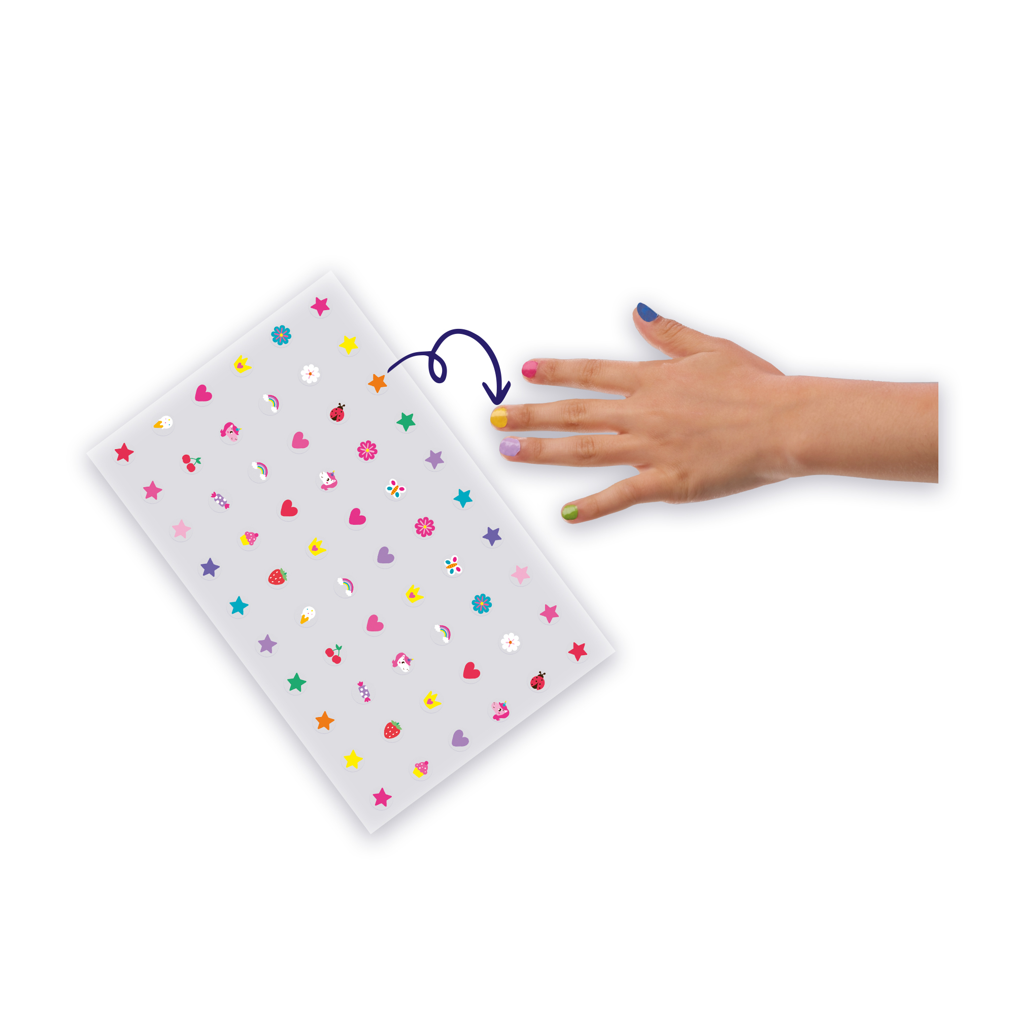 Dłoń z ozdobionymi paznokciami, arkusz naklejek. Arkusz ma kolorowe naklejki. Kolory to różowy, niebieski, żółty itp.