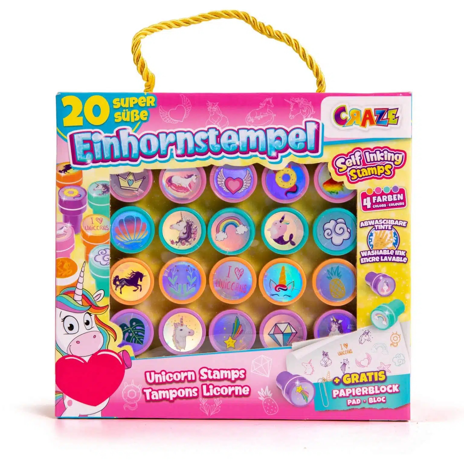 Pudełko ze samonastawianymi stemplami jednorożca z uchwytem, kolorowymi stemplami i blokiem papieru.