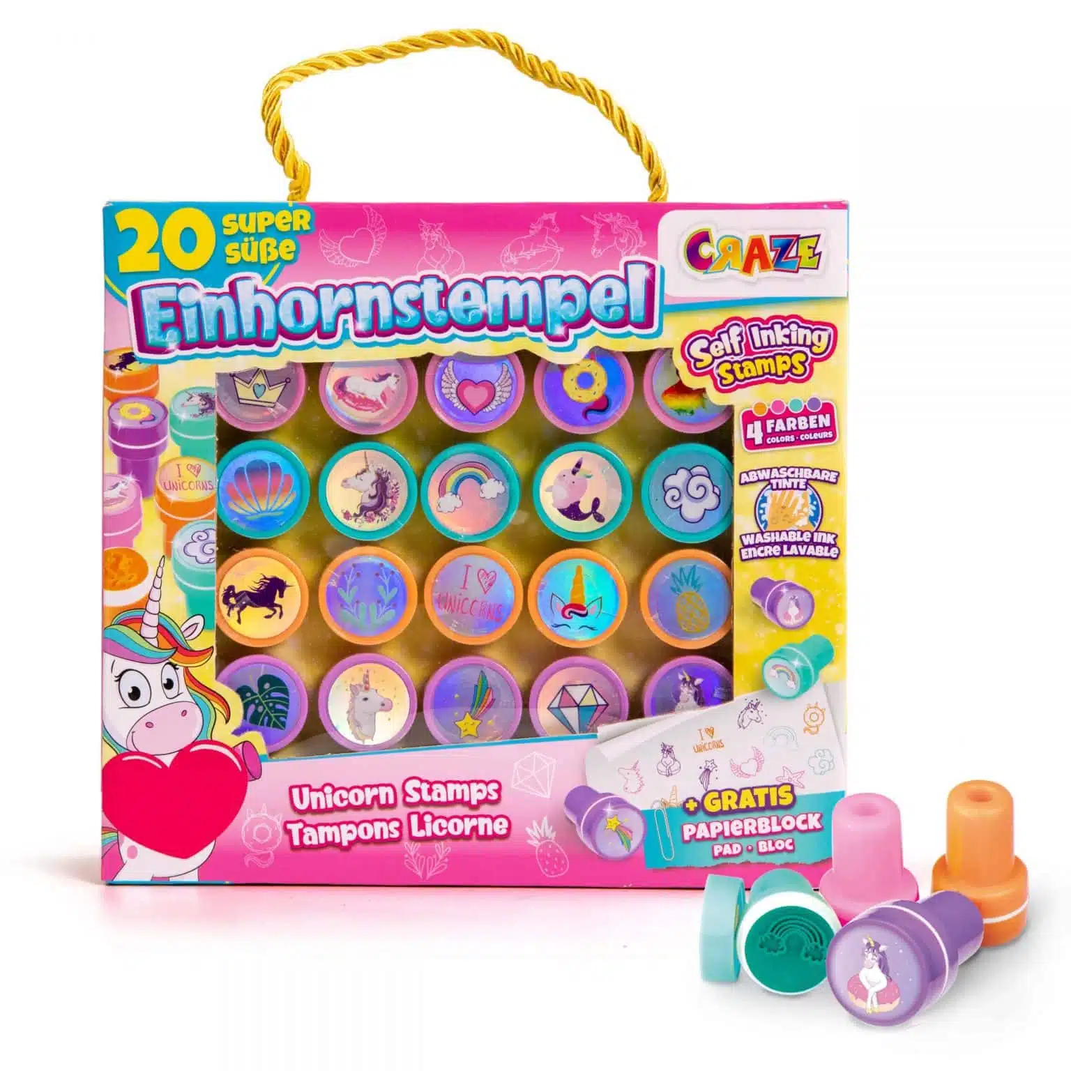 Pudełko ze stemplami z jednorożcami. Są stemple, poduszki z tuszem i dziewczyna trzymająca rysunek. Różowe i fioletowe kolory.