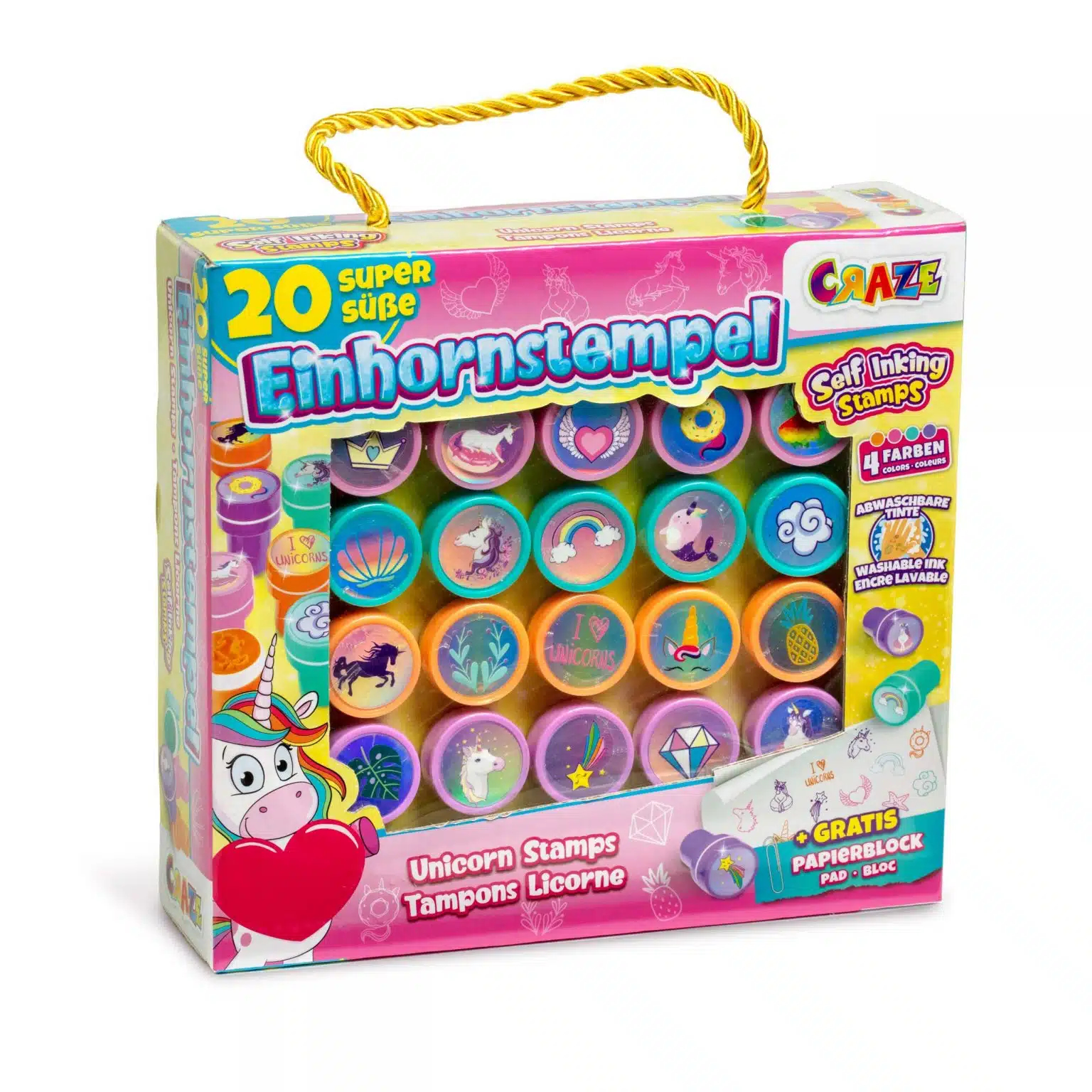 Pudełko z pieczątkami jednorożców z uchwytem, pieczątki z wizerunkami jednorożców i kilka dodatkowych pieczątek.