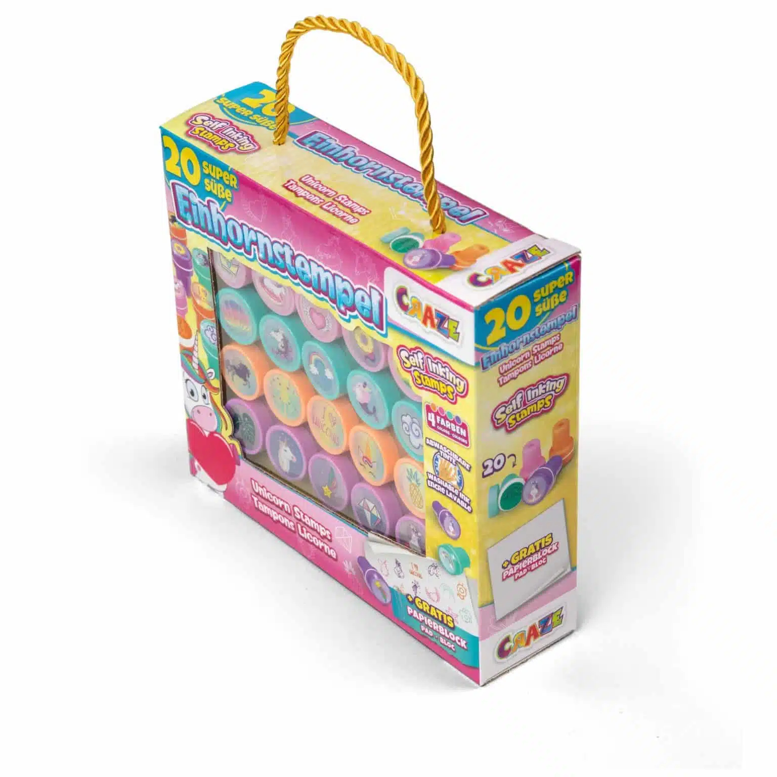 Pudełko z pieczątkami jednorożców z uchwytem, pieczątki z wizerunkami jednorożców i kilka dodatkowych pieczątek.