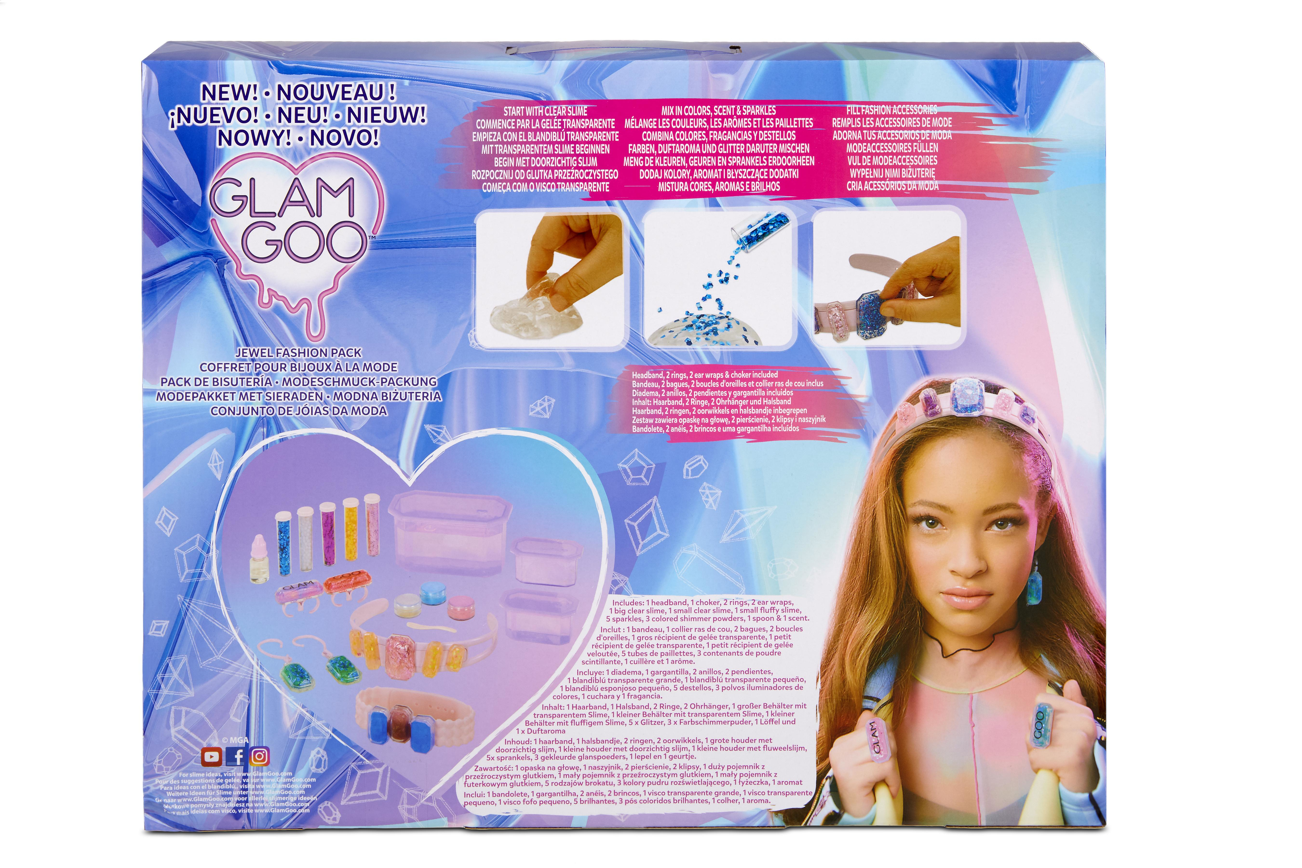 Parte trasera de la caja Glam Goo con instrucciones y accesorios. Cara de niña a la derecha.