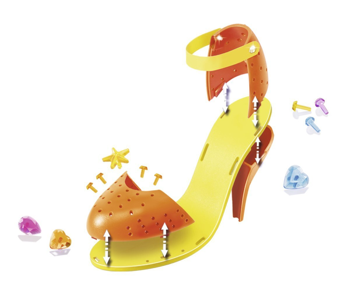 Ein High-Heel-Schuhmodell, konstruiert aus gelben und orangenen Teilen, mit Edelsteinen und Montagepfeilen.