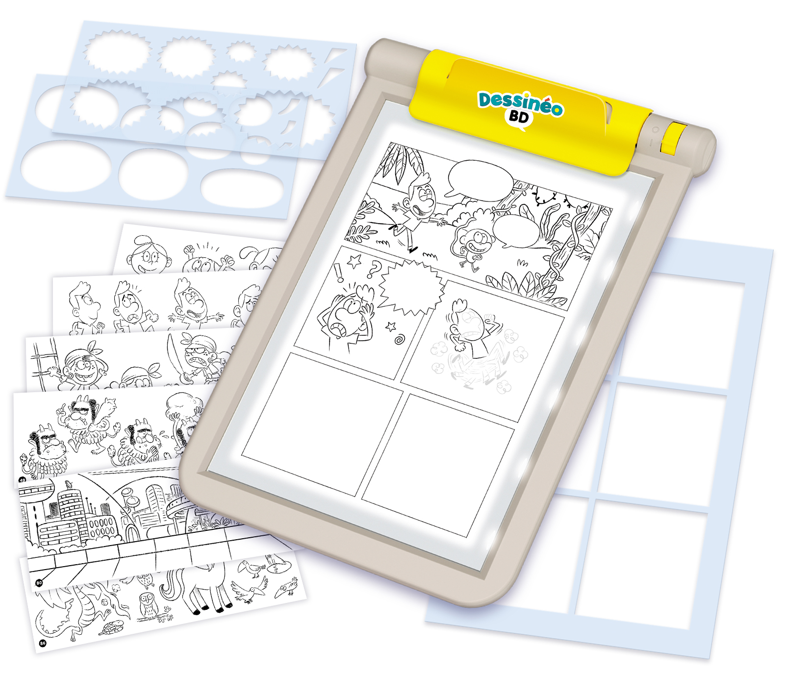 Zestaw do rysowania Dessineo BD z tablicą do rysowania, szablonami oraz szablonami i przykładami komiksów.