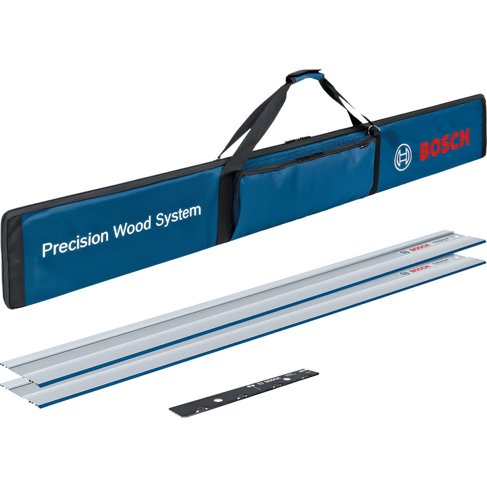 Eine blaue Bosch Precision Wood System Tasche, mit zwei silbernen Holzführungen und einem schwarzen Teil.