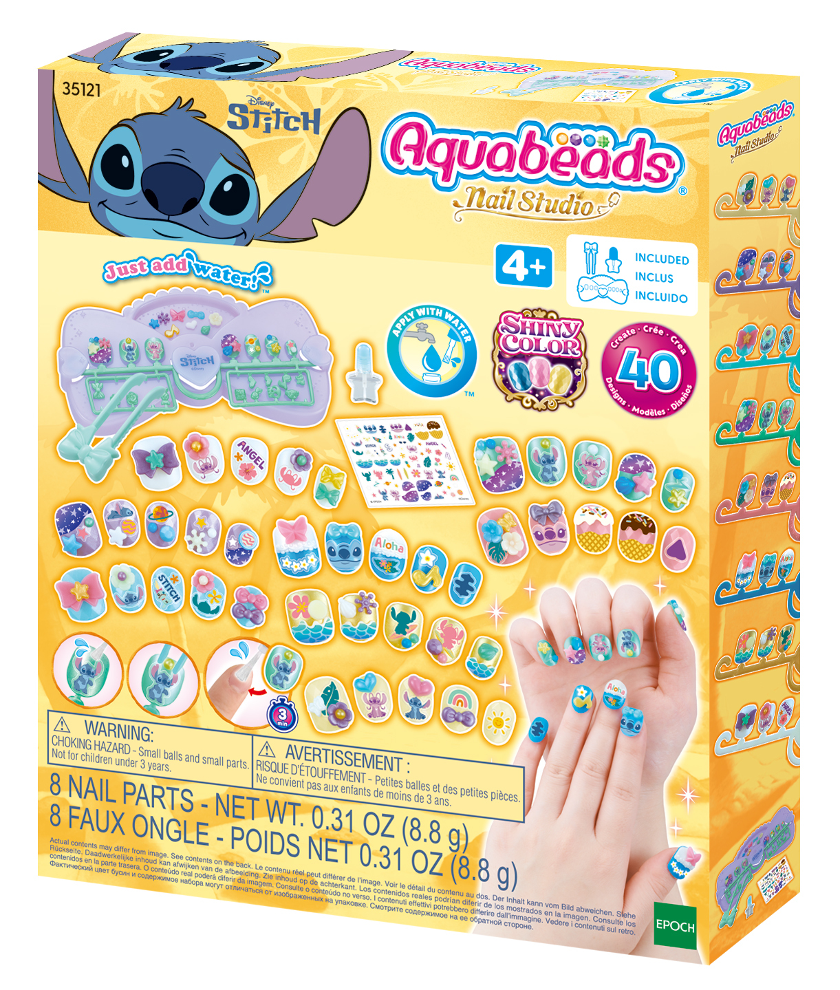 Una caja de set de arte de uñas de Stitch. Presenta a Stitch y varios diseños de arte de uñas. Incluye piezas.