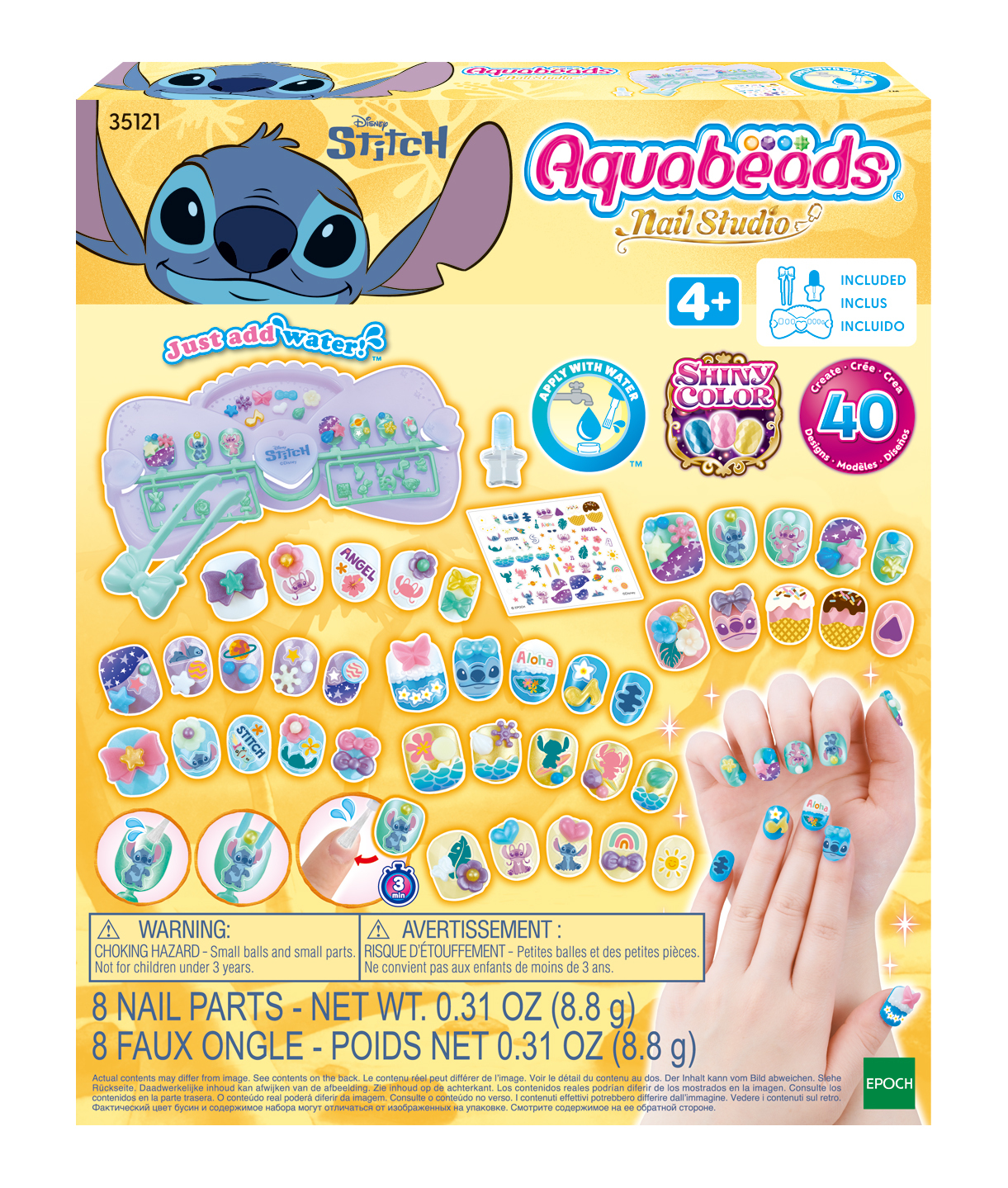 Una caja de AquaBeads Nail Studio. Incluye plantillas y accesorios para uñas. La caja presenta a Stitch.