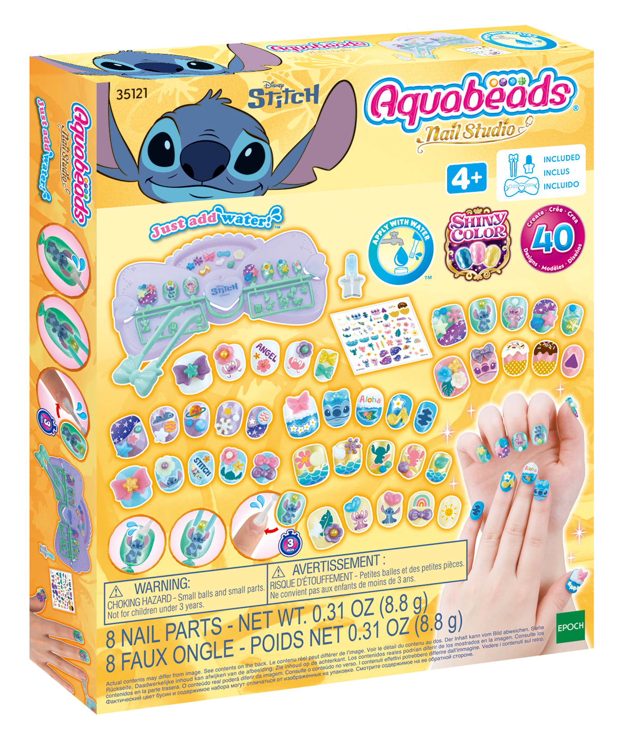Set de caja de estudio de uñas Aquabeads. El arte de Stitch se muestra en la caja, con ejemplos de arte de uñas y accesorios.