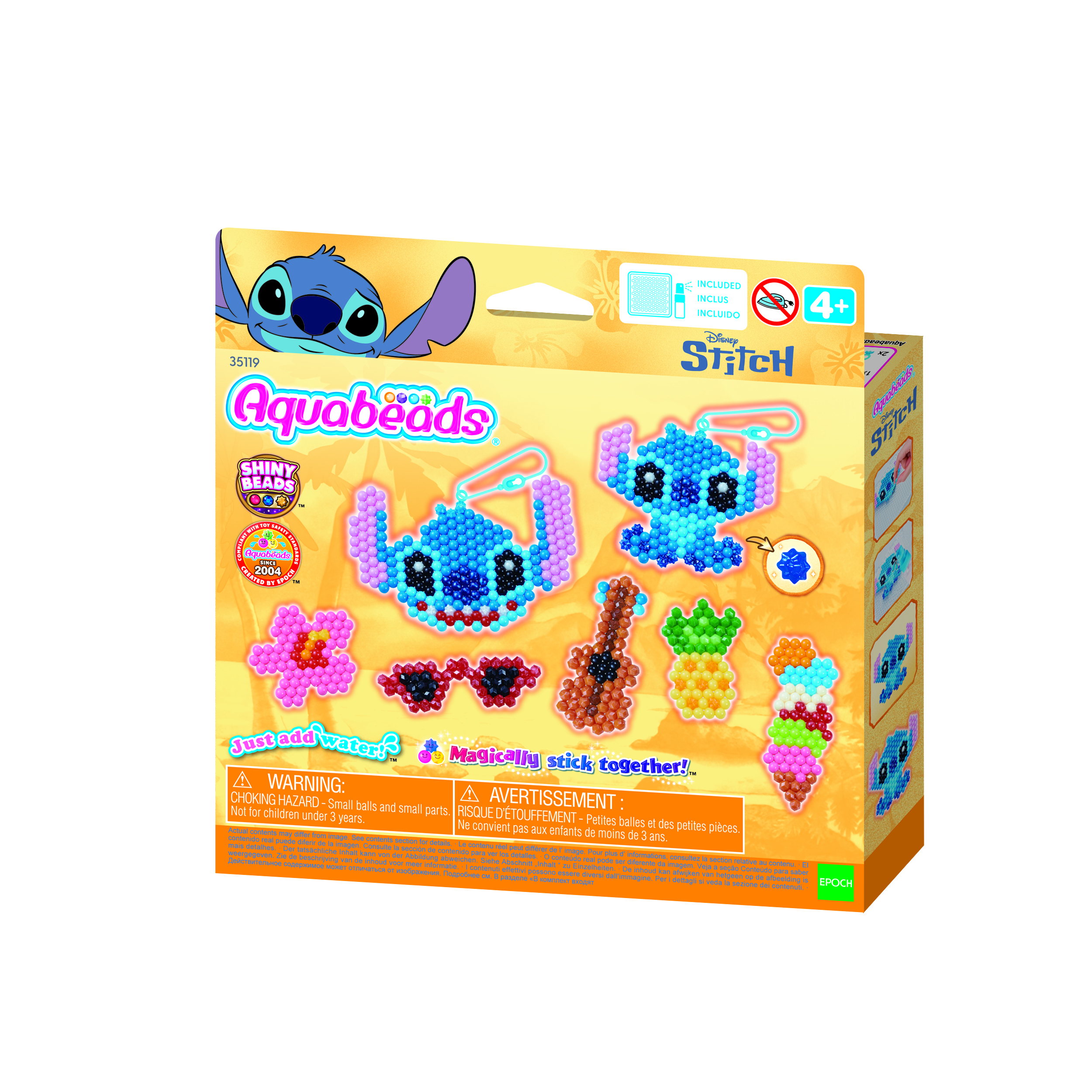 Pudełko zestawu Aquabeads z Stitch, koralikami i akcesoriami. Pudełko ma nazwę produktu i obrazek postaci.