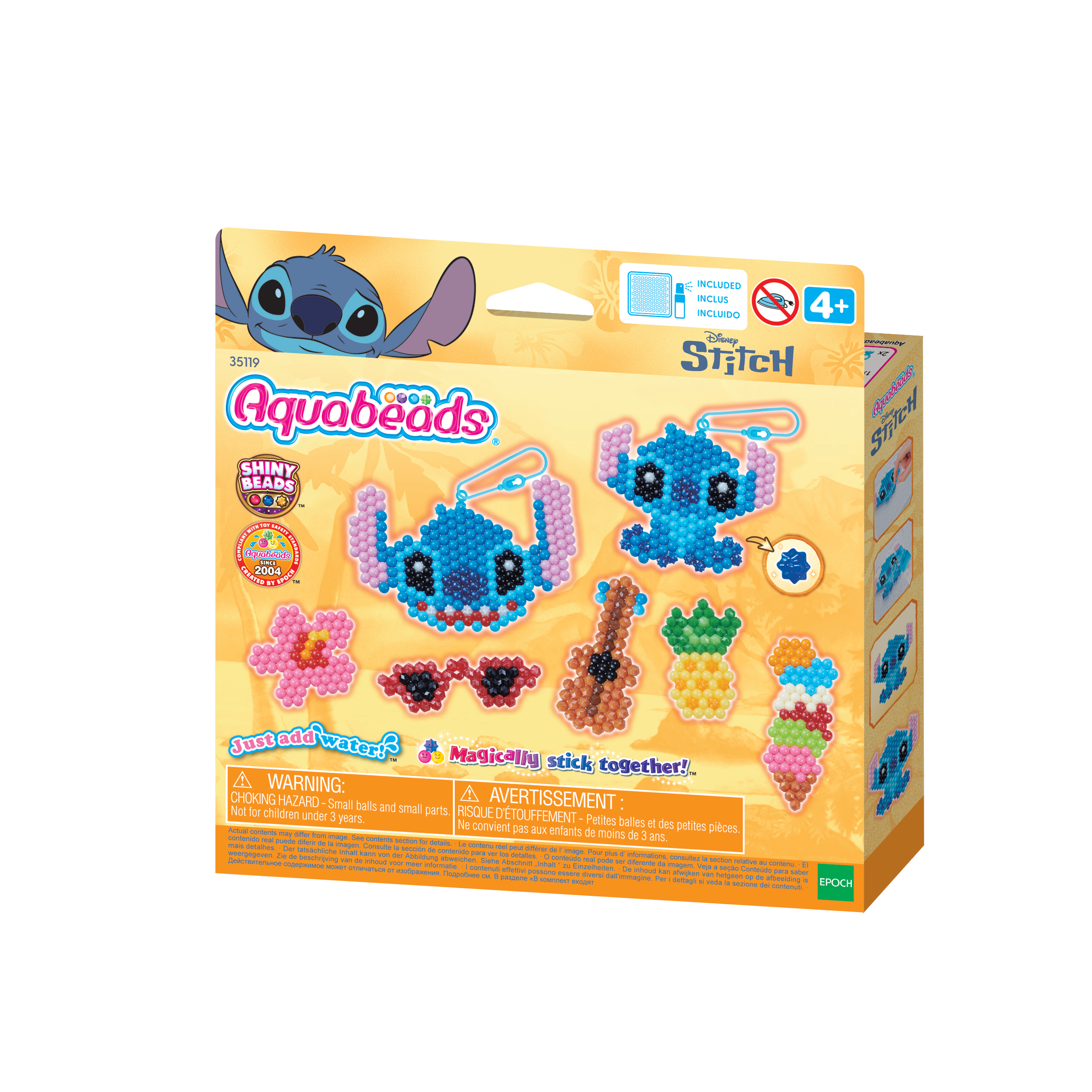 Pudełko Aquabeads z postaciami Stitch, akcesoriami i instrukcjami.