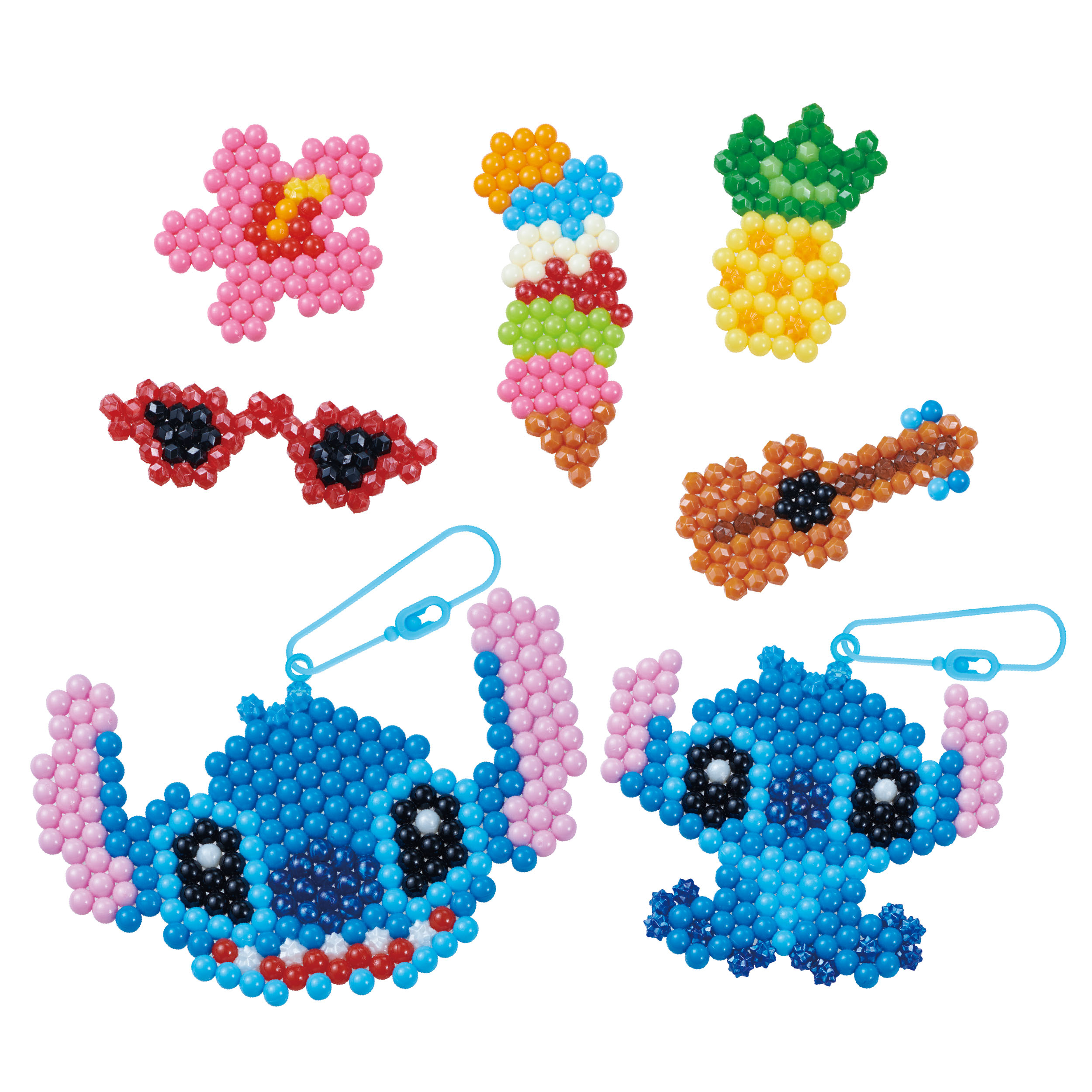Wzory Aquabeads z Stitch, okularami przeciwsłonecznymi, lodami, ukulele i ananasem.