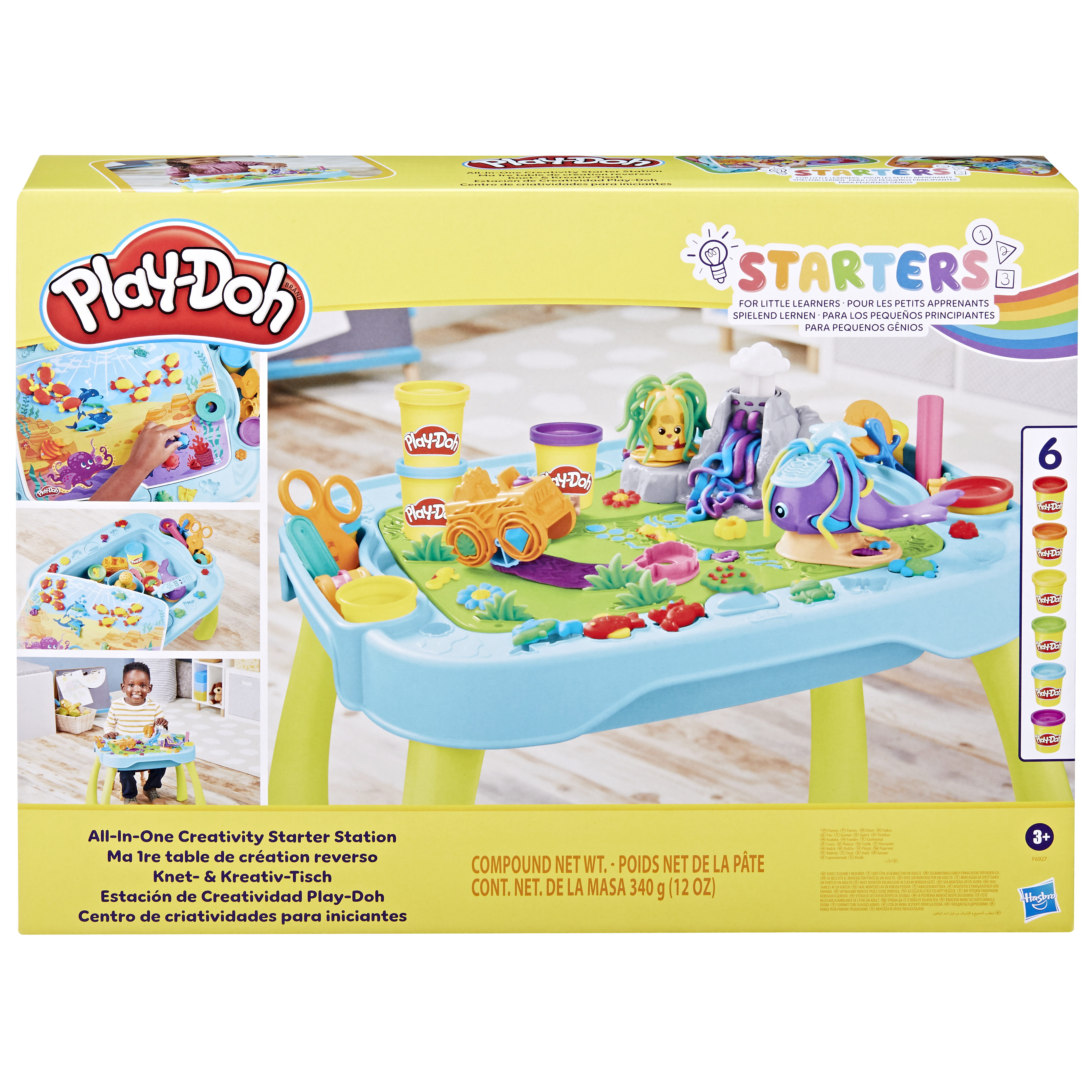 Un juego de mesa Play-Doh. Incluye una mesa, plastilina y varias herramientas creativas.