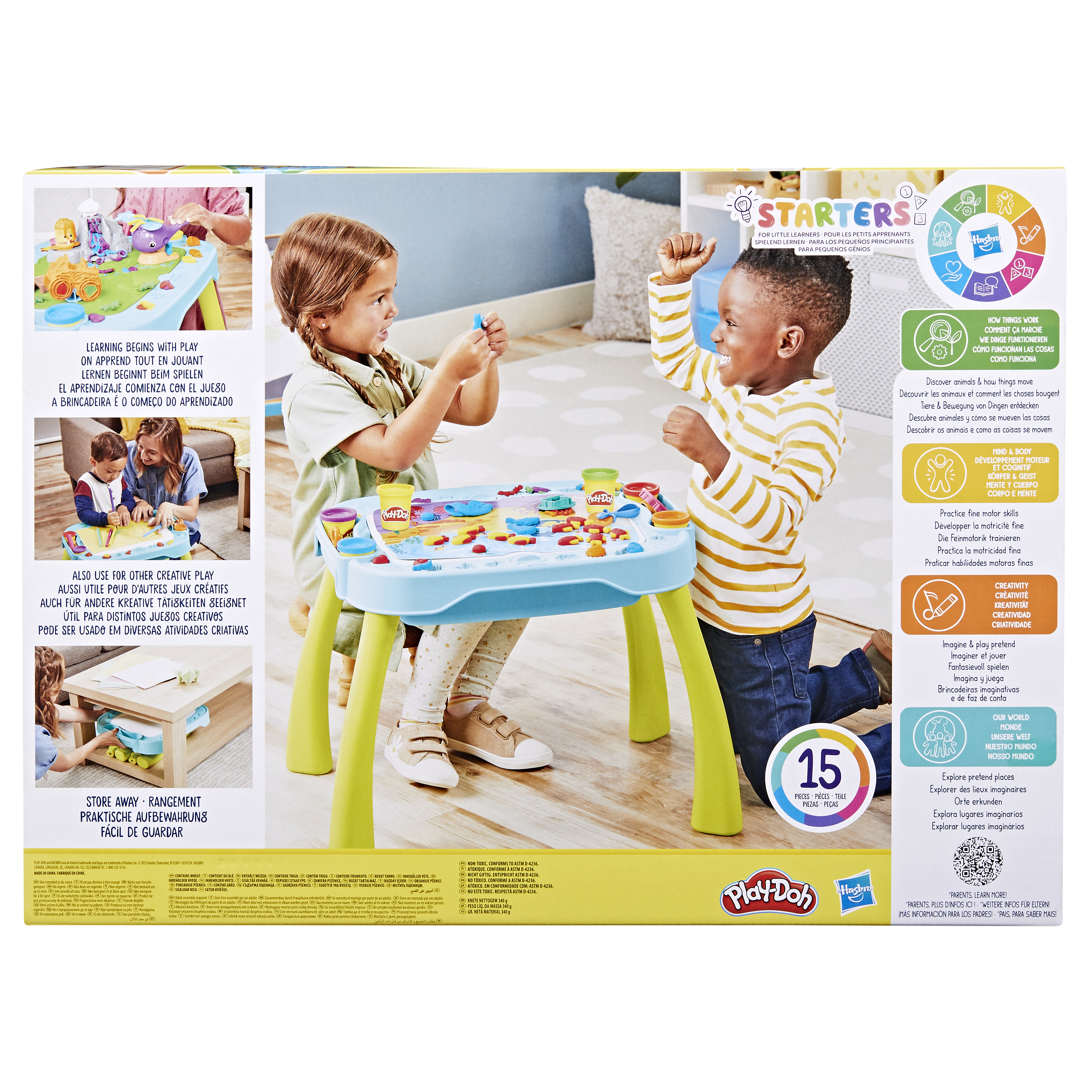 La parte posterior de una caja de juego de iniciación Play-Doh, con niños jugando e información del producto.