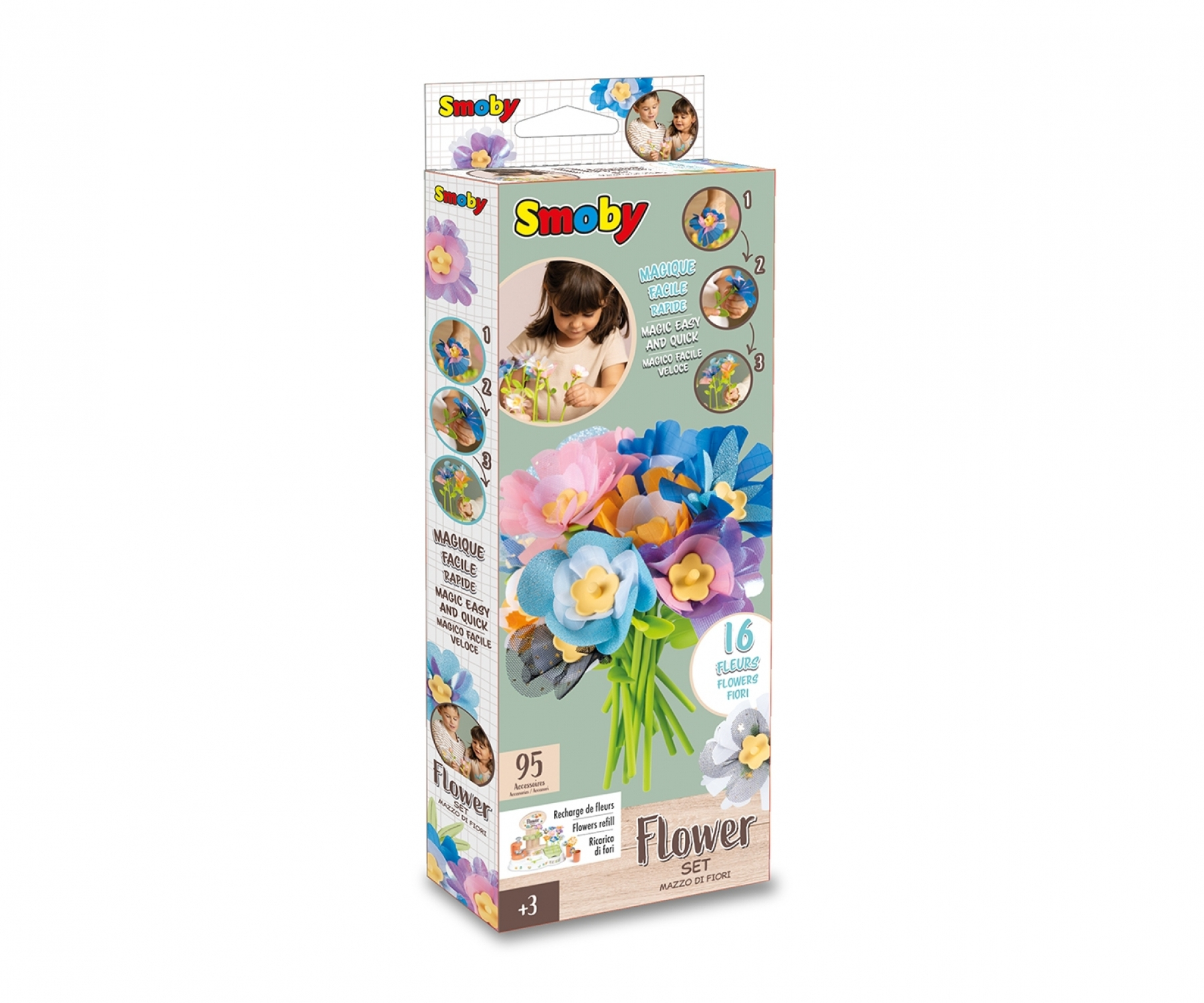 Pudełko z produktem pokazujące zestaw kwiatów z kolorowymi papierowymi kwiatami, instrukcjami i marką.