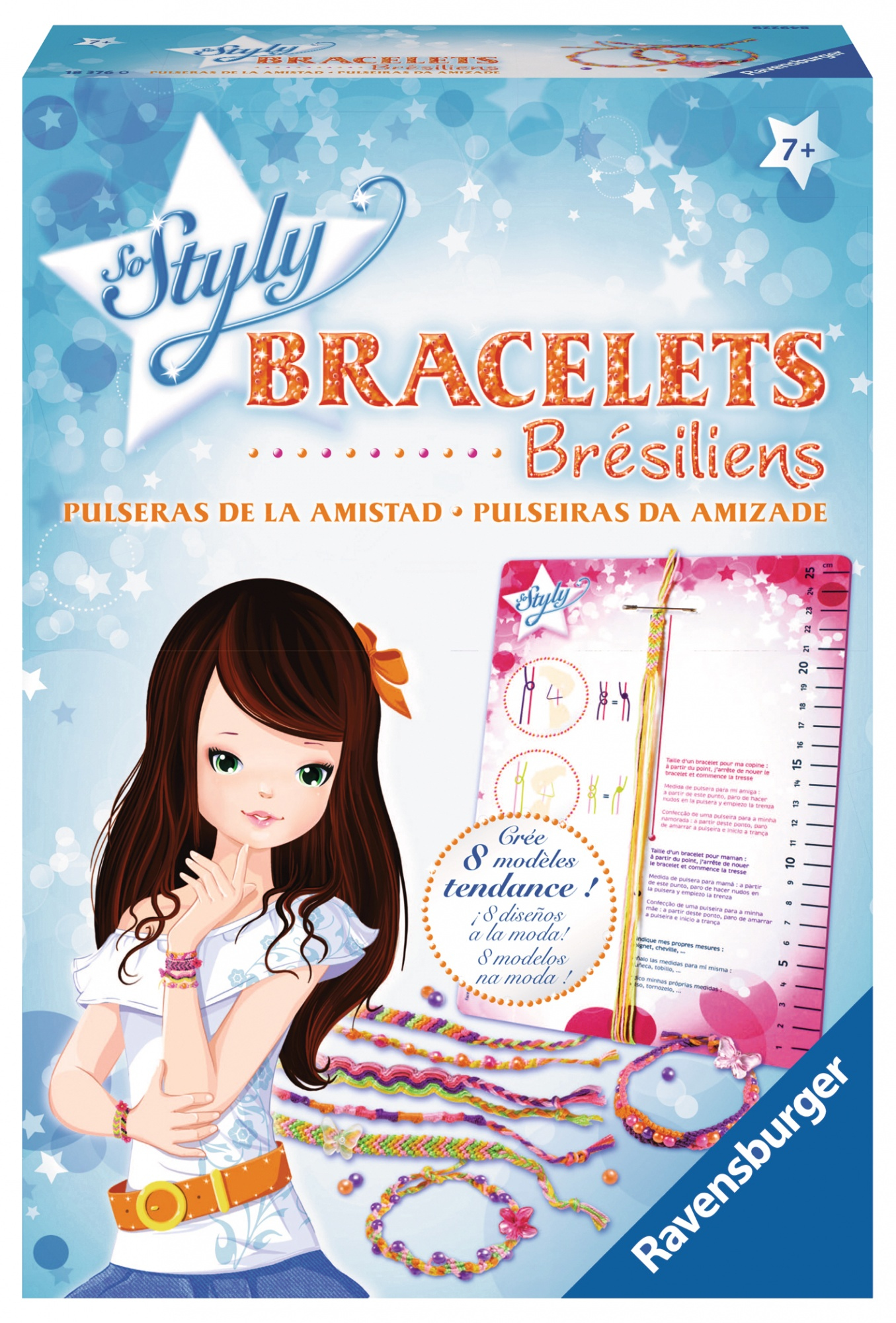 Pudełko zestawu rzemieślniczego z dziewczynką i instrukcjami tworzenia bransoletek.