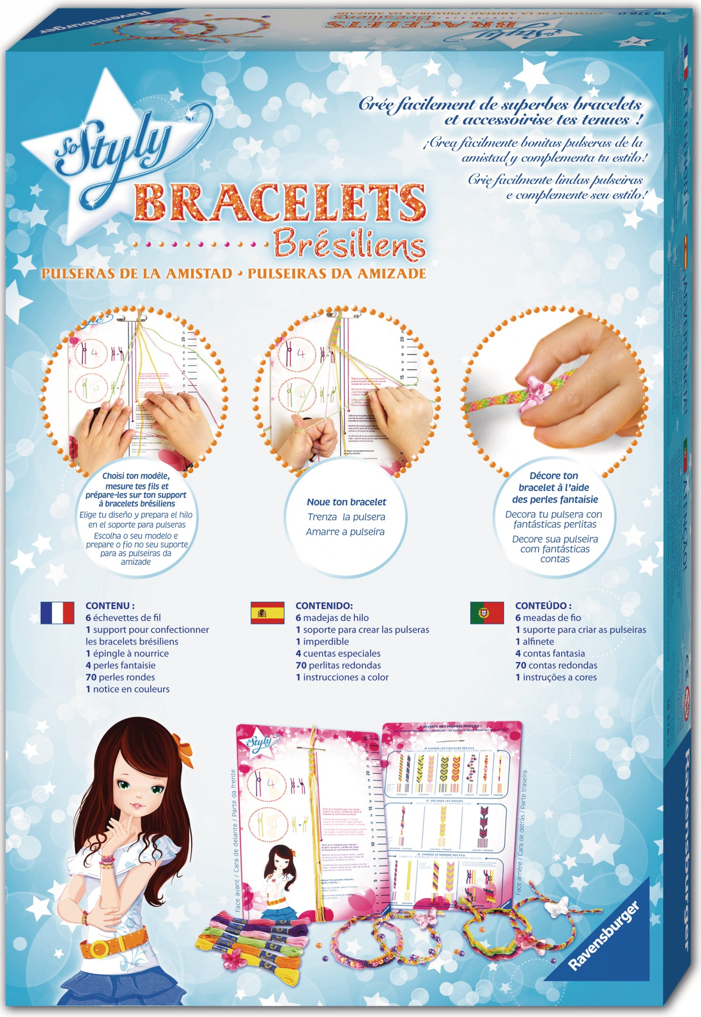 Pudełko zestawu rzemieślniczego z instrukcjami tworzenia bransoletek. Dziewczyna zilustrowana na pudełku.
