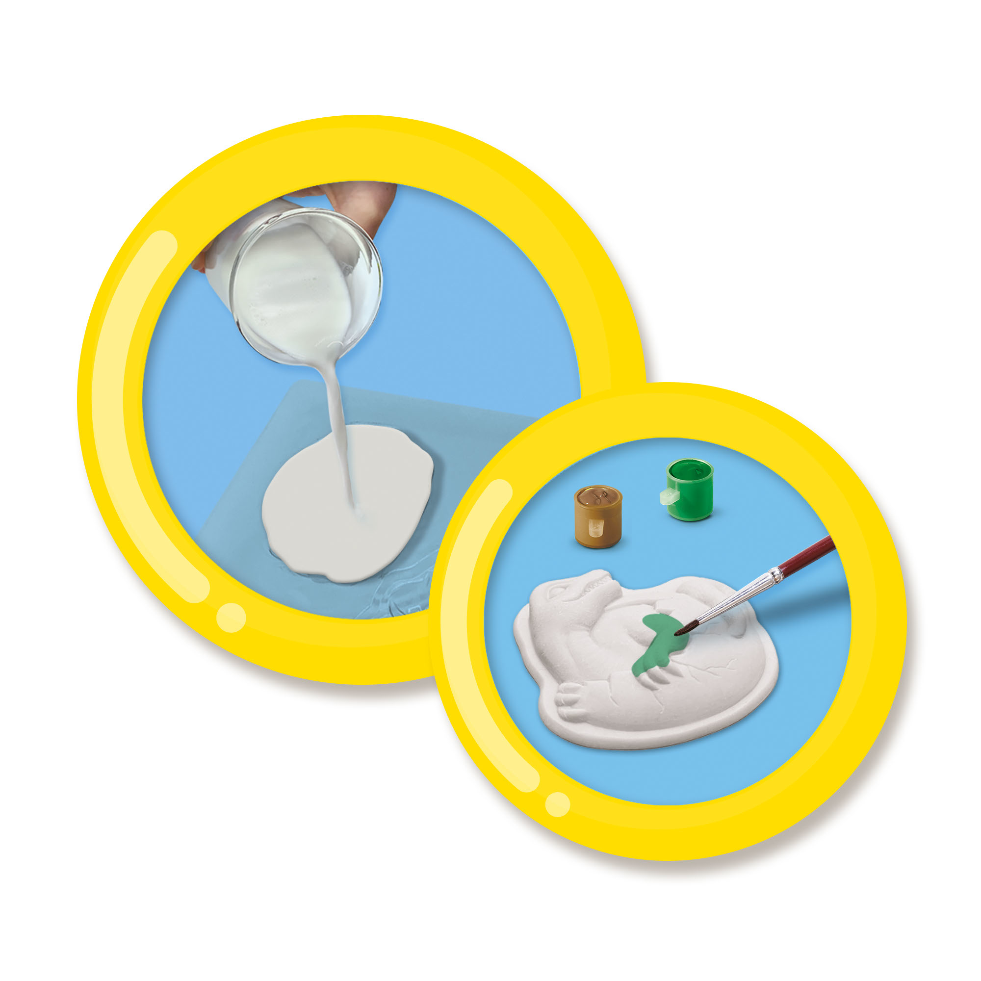 Dwa okrągłe obrazy procesu zestawu do odlewania dinozaurów. Biała ciecz wlewana do formy.