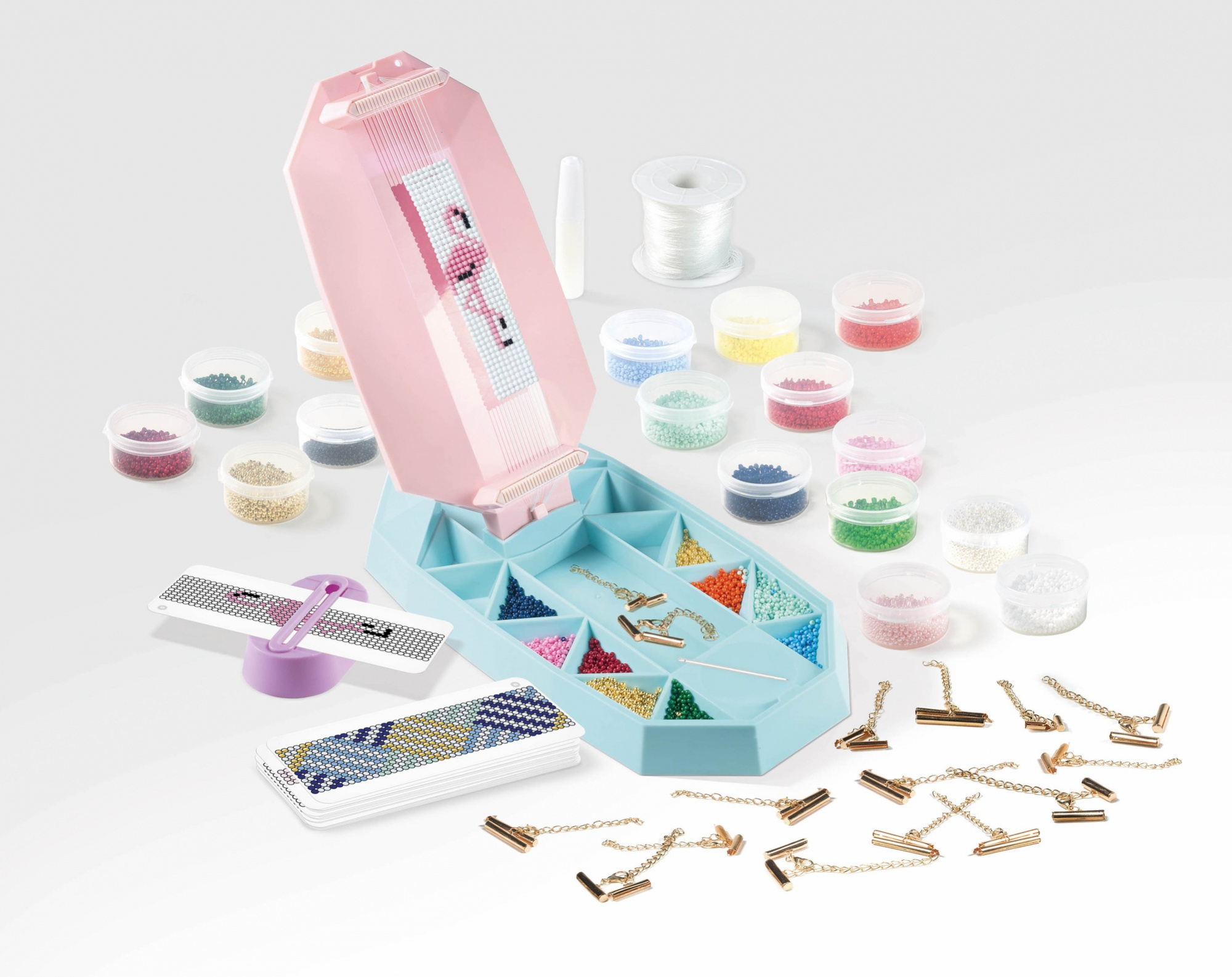 Zestaw do tkania koralików z koralikami, krosnem i akcesoriami do tworzenia biżuterii.