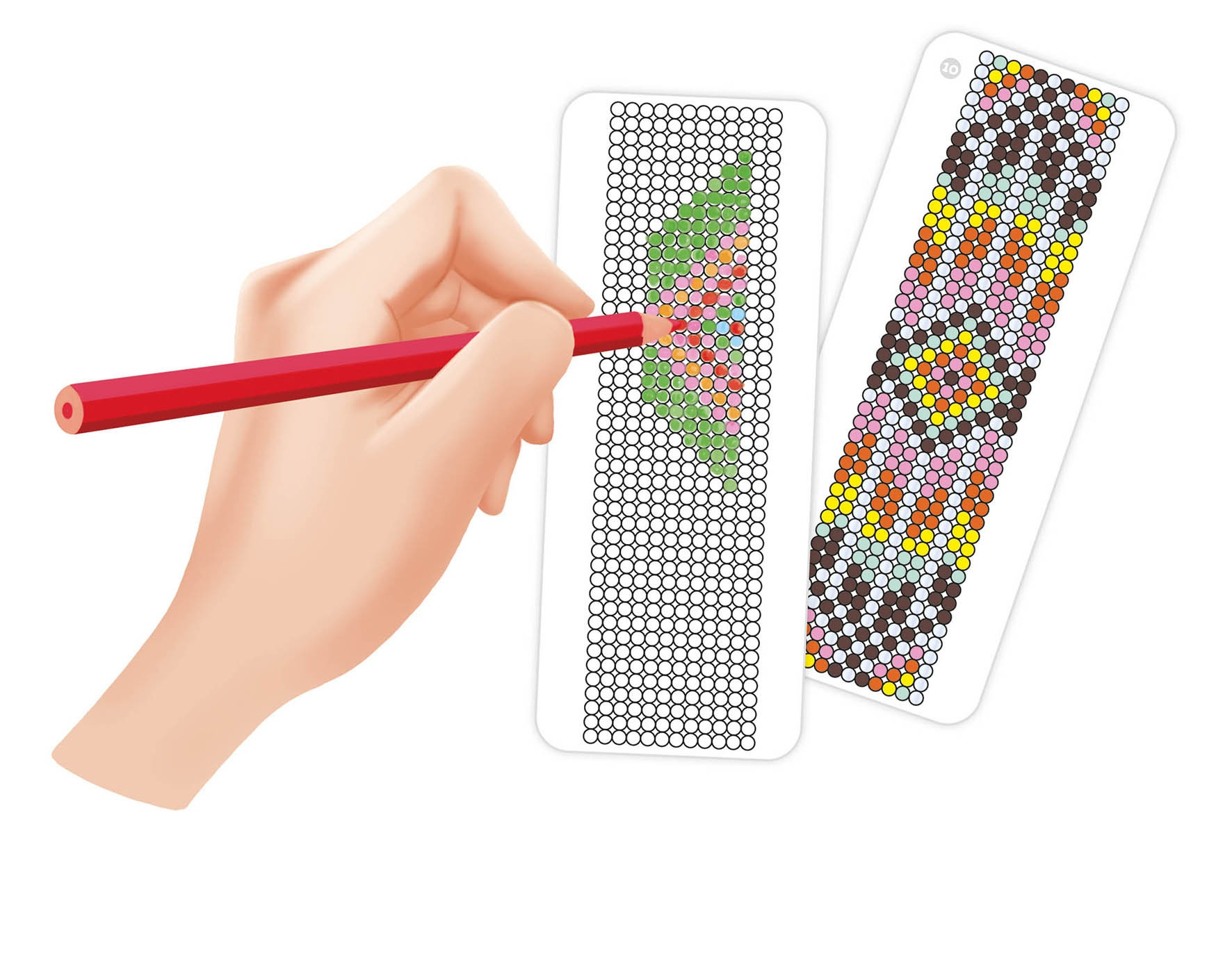 Dłoń trzymająca czerwoną ołówkiem koloruje wzór z koralików na białej powierzchni.