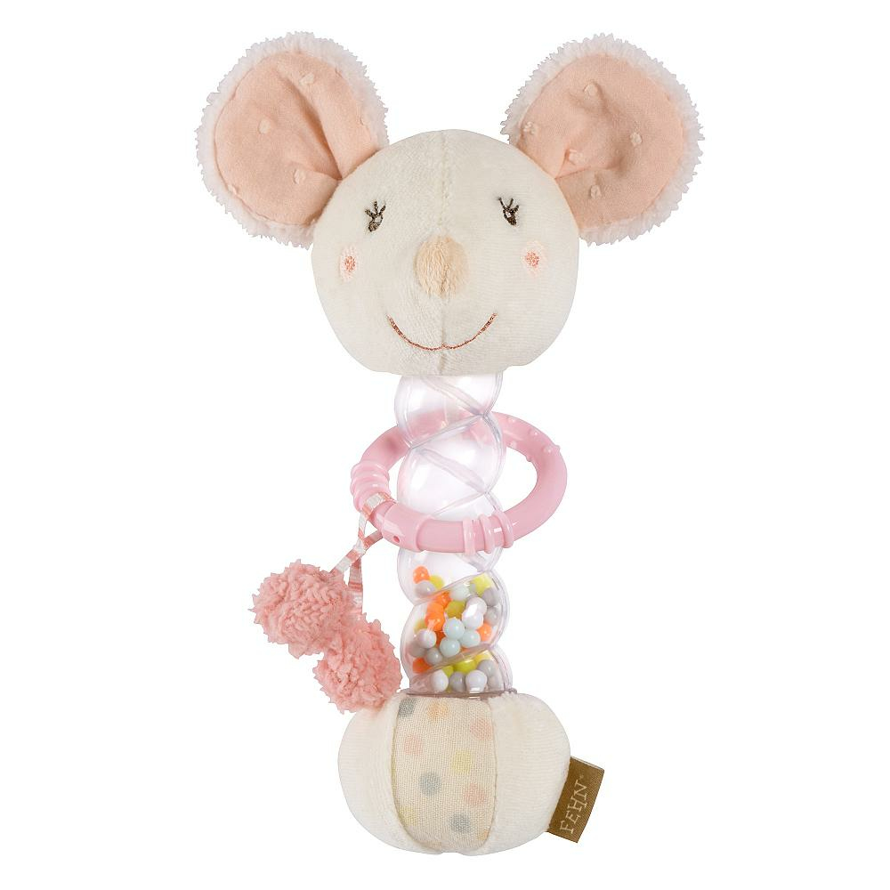 Un sonaglio a forma di topo in peluche con un tubo trasparente contenente perline colorate e dettagli rosa.