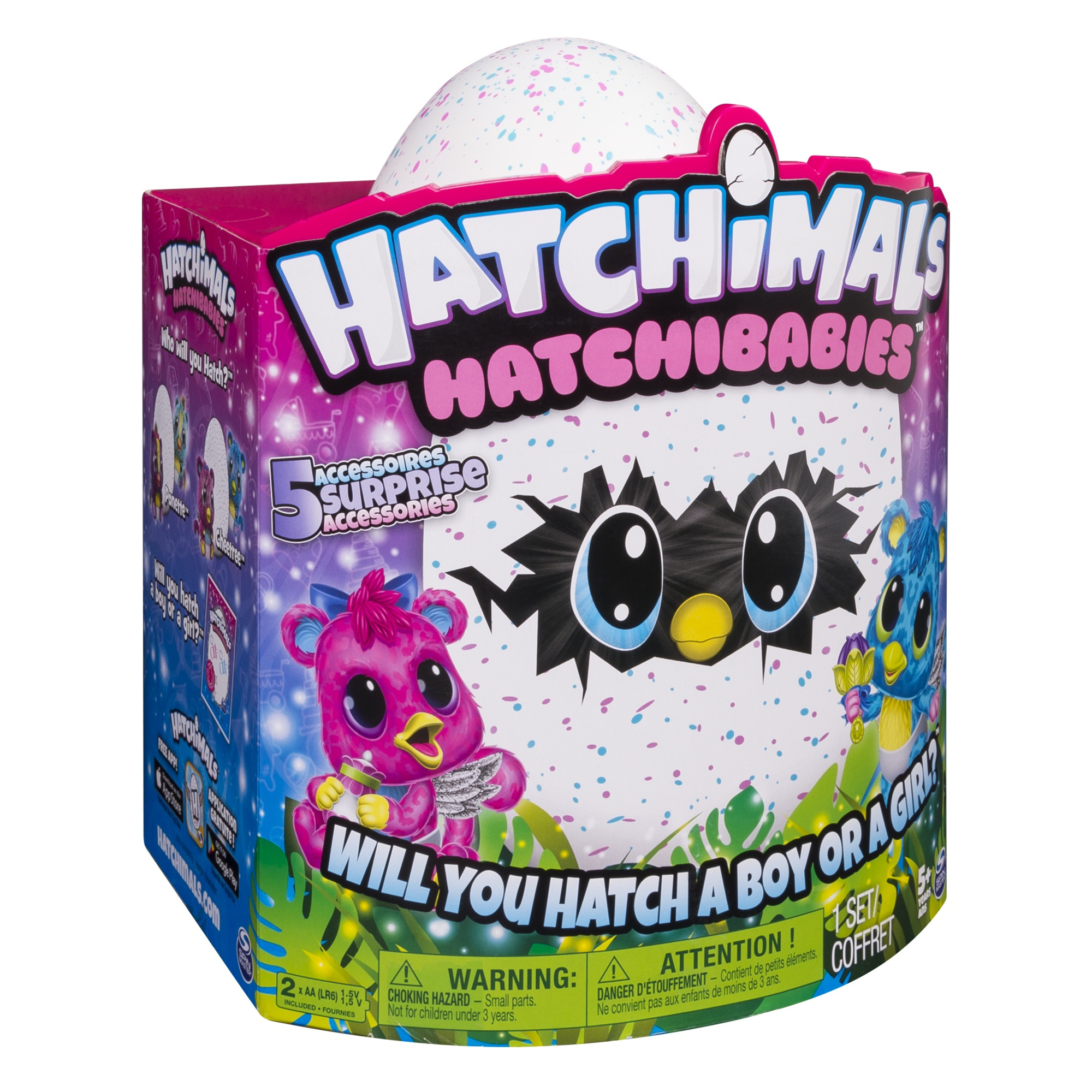 Pudełko z zabawkami z wzorem jajka i tekstem Hatchimals Hatchibabies, z dwoma postaciami z kreskówek.