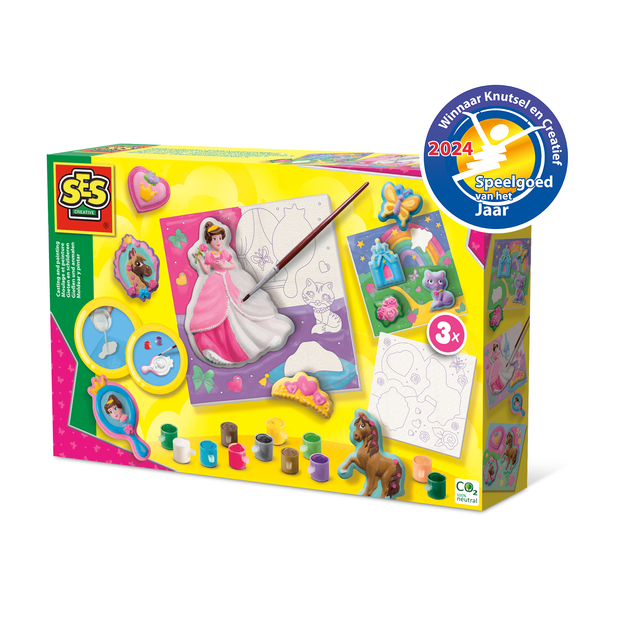 Zestaw rzemieślniczy z obrazami księżniczek, farbami, pędzlami i naklejkami, w tym księżniczką i koniem.