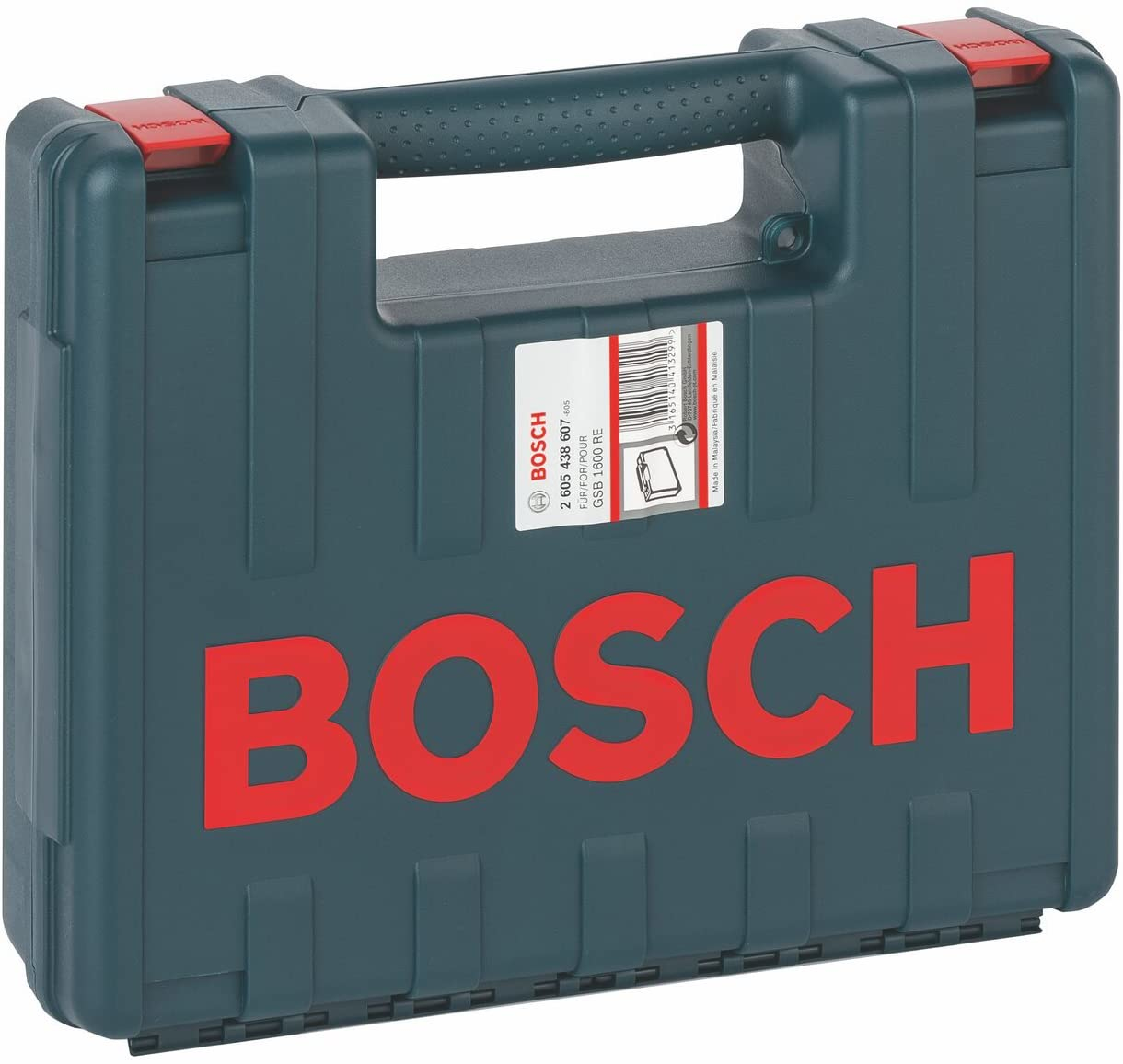 Ciemnoszara walizka narzędziowa Bosch z czerwonymi akcentami na uchwycie i logo Bosch.