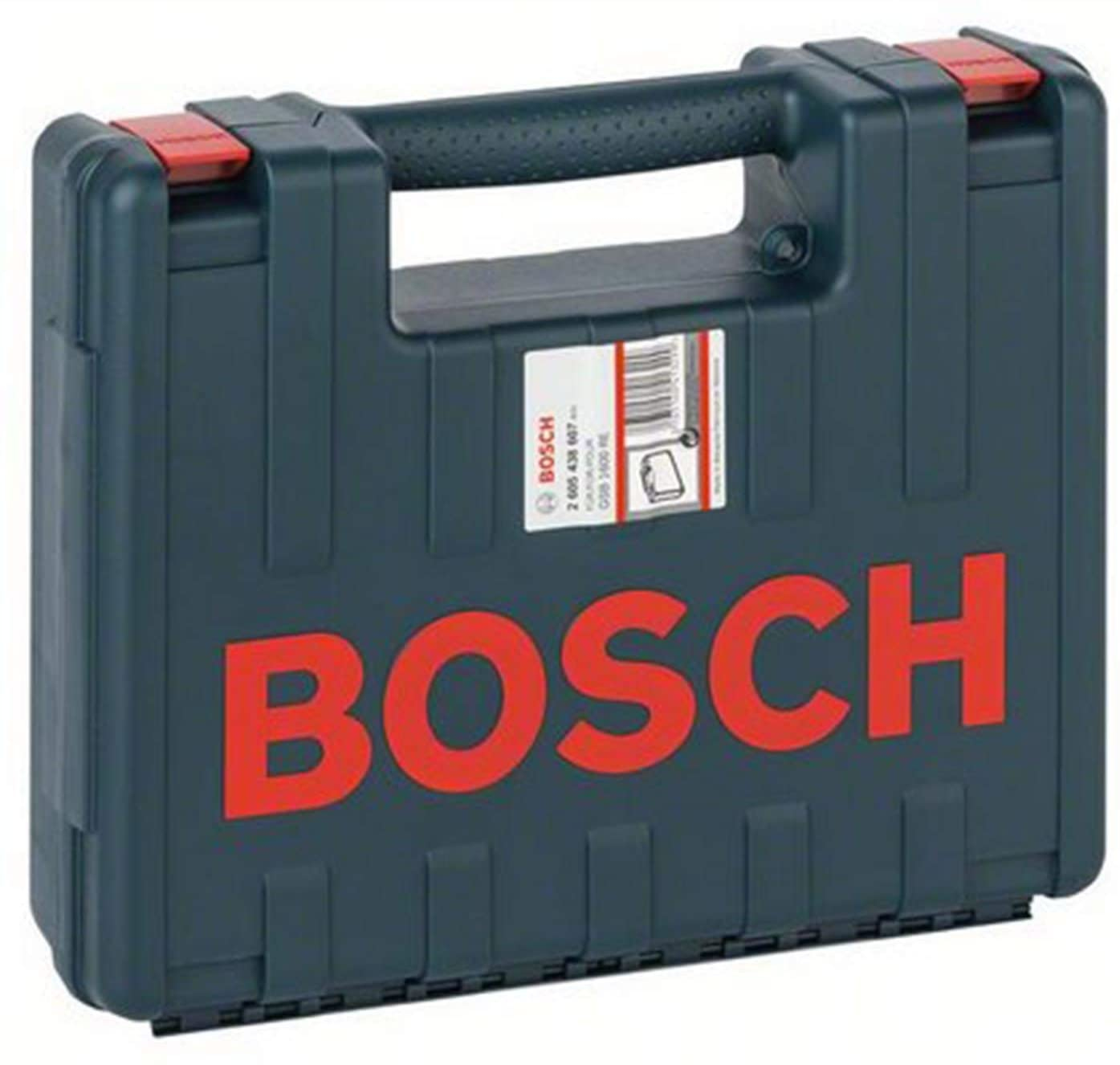 Ciemnoszara walizka na narzędzia Bosch z czerwonymi akcentami i logo Bosch. Uchwyt na górze.