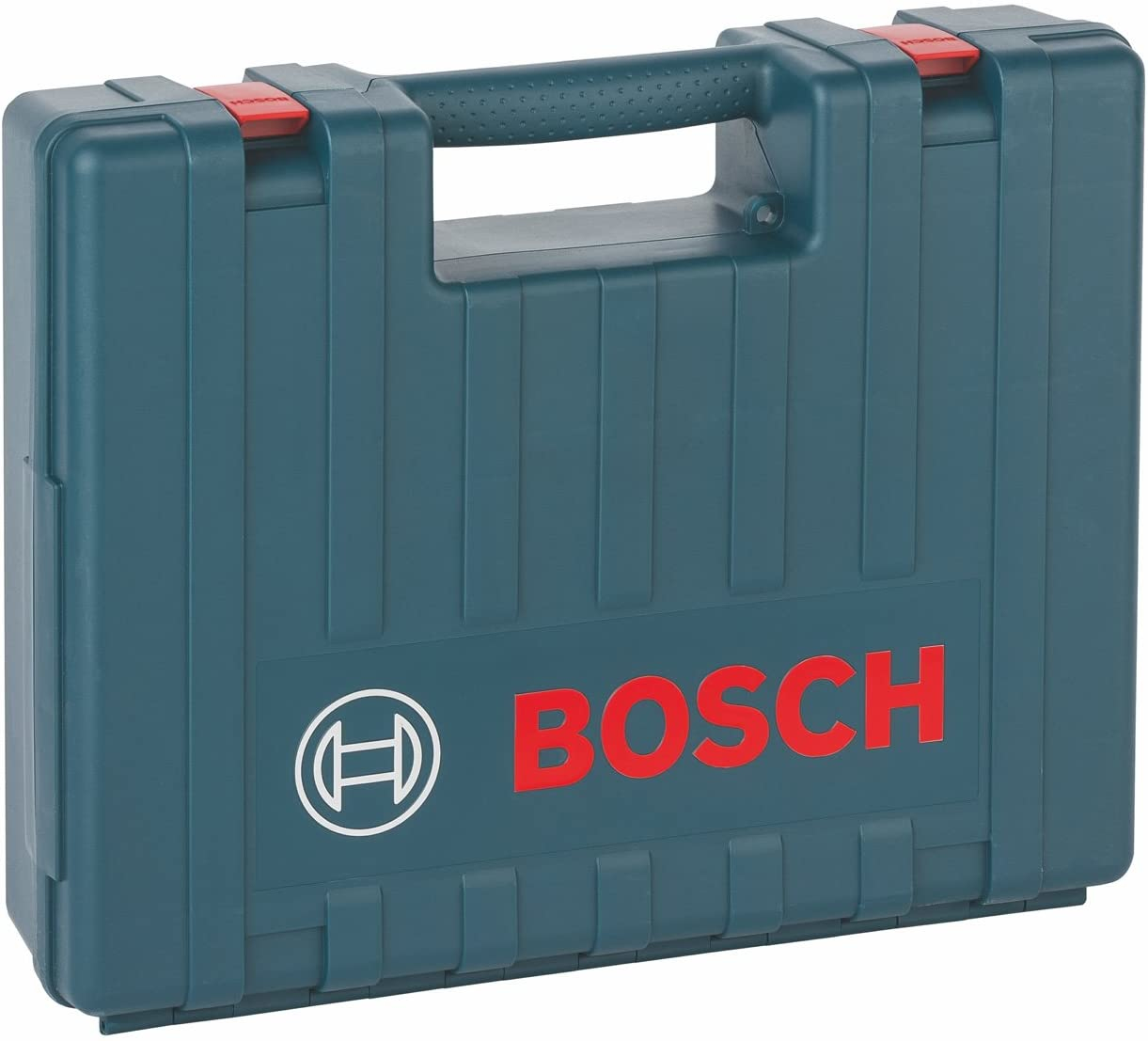 Dunkelblaugrüner Bosch-Werkzeugkoffer mit Bosch-Logo und Griff. Rote Verschlüsse. Weißer Hintergrund.