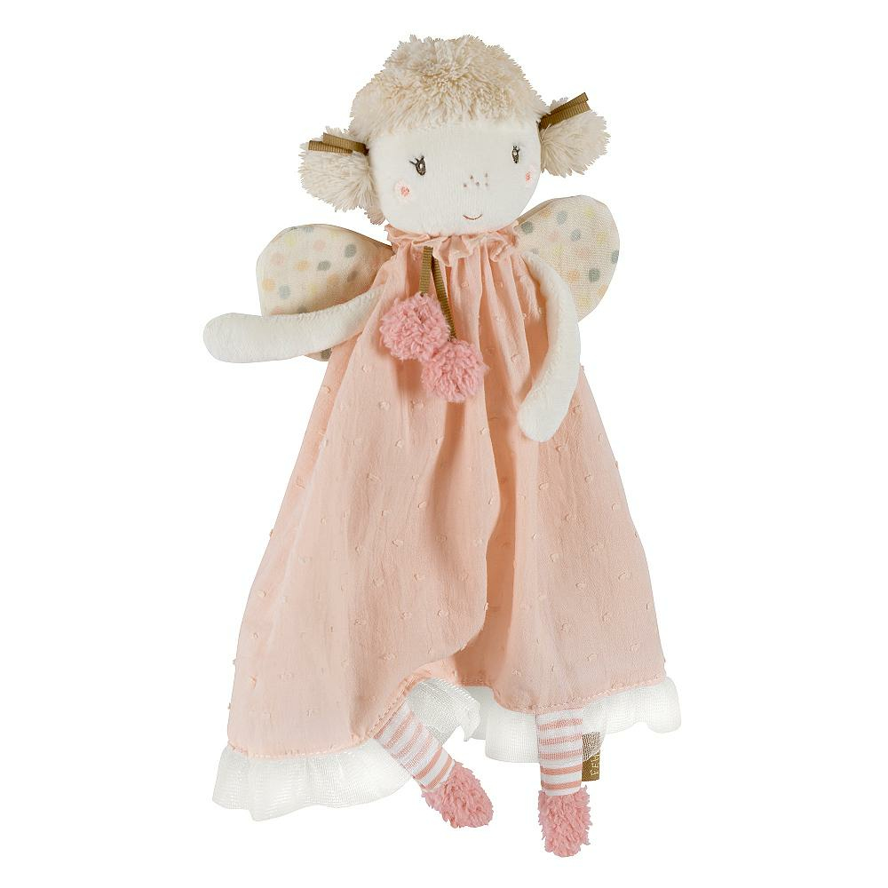 Una bambola di agnello con vestito e ali rosa. Ha una consistenza morbida e un viso dolce.