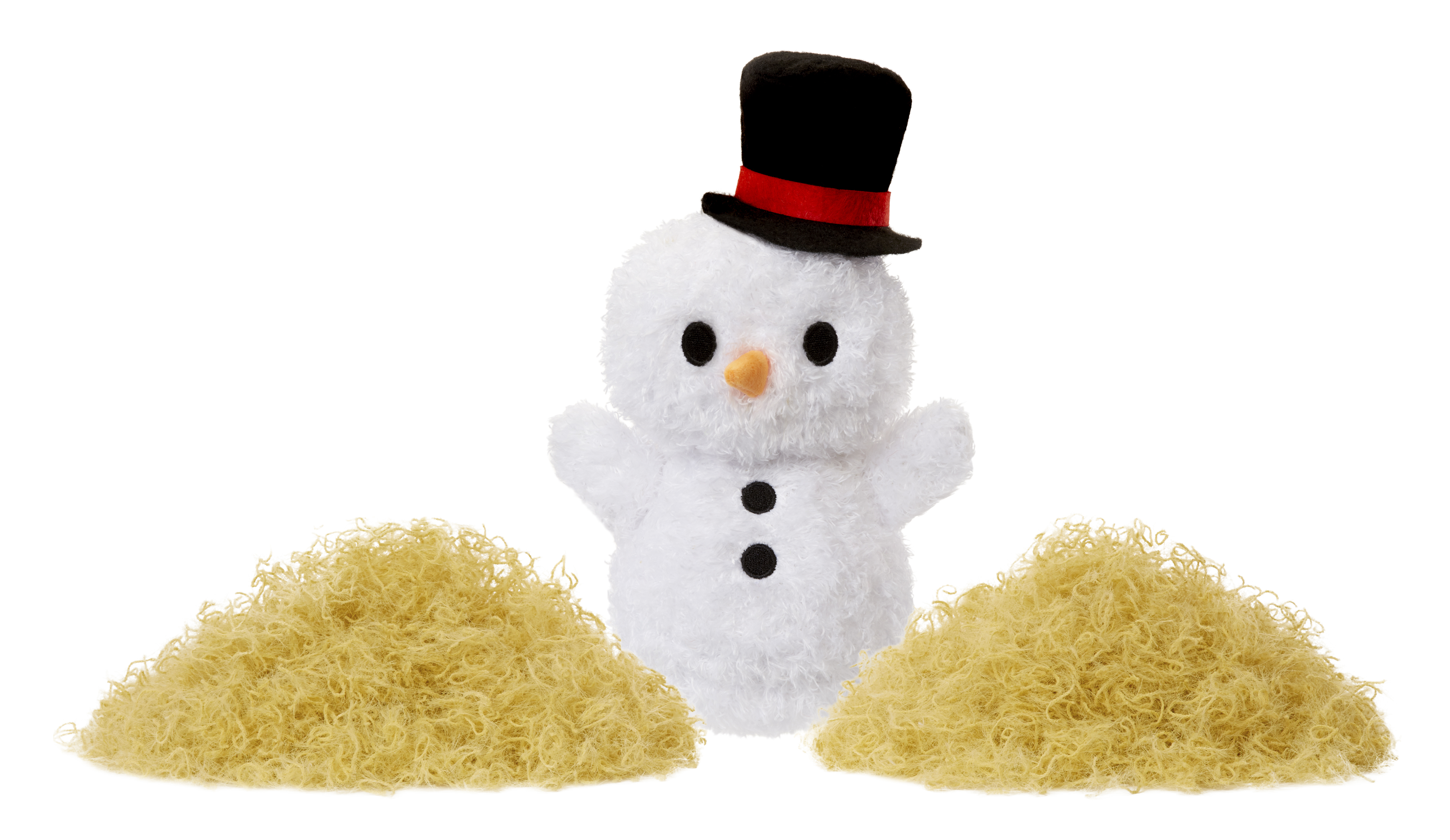 Zabawka bałwana z czarnym kapeluszem i dwoma stosami jasnobrązowego materiału po obu stronach.