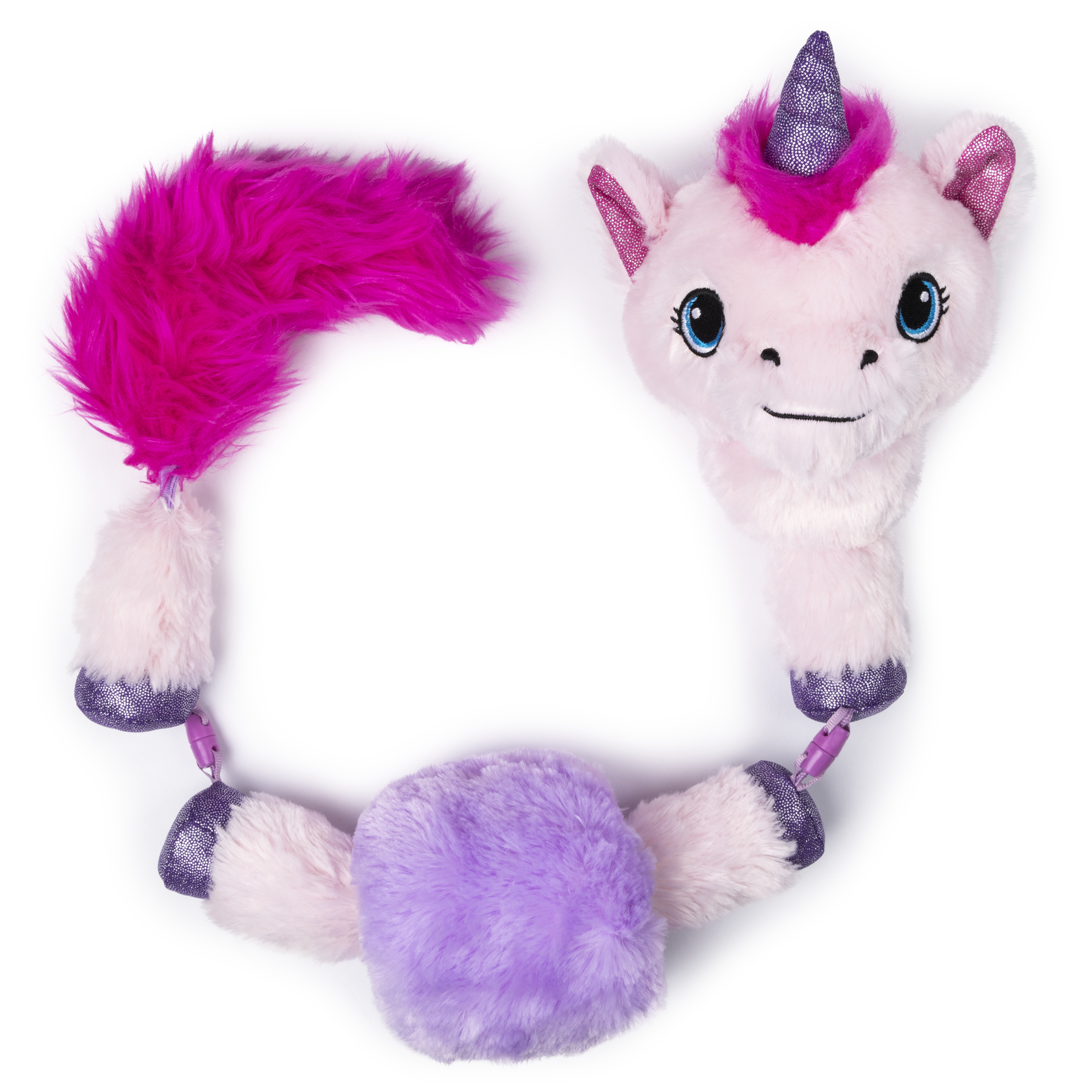 Ein rosa Einhorn-Plüschtier mit lila Schwanz und Horn, verbunden durch Gelenke.
