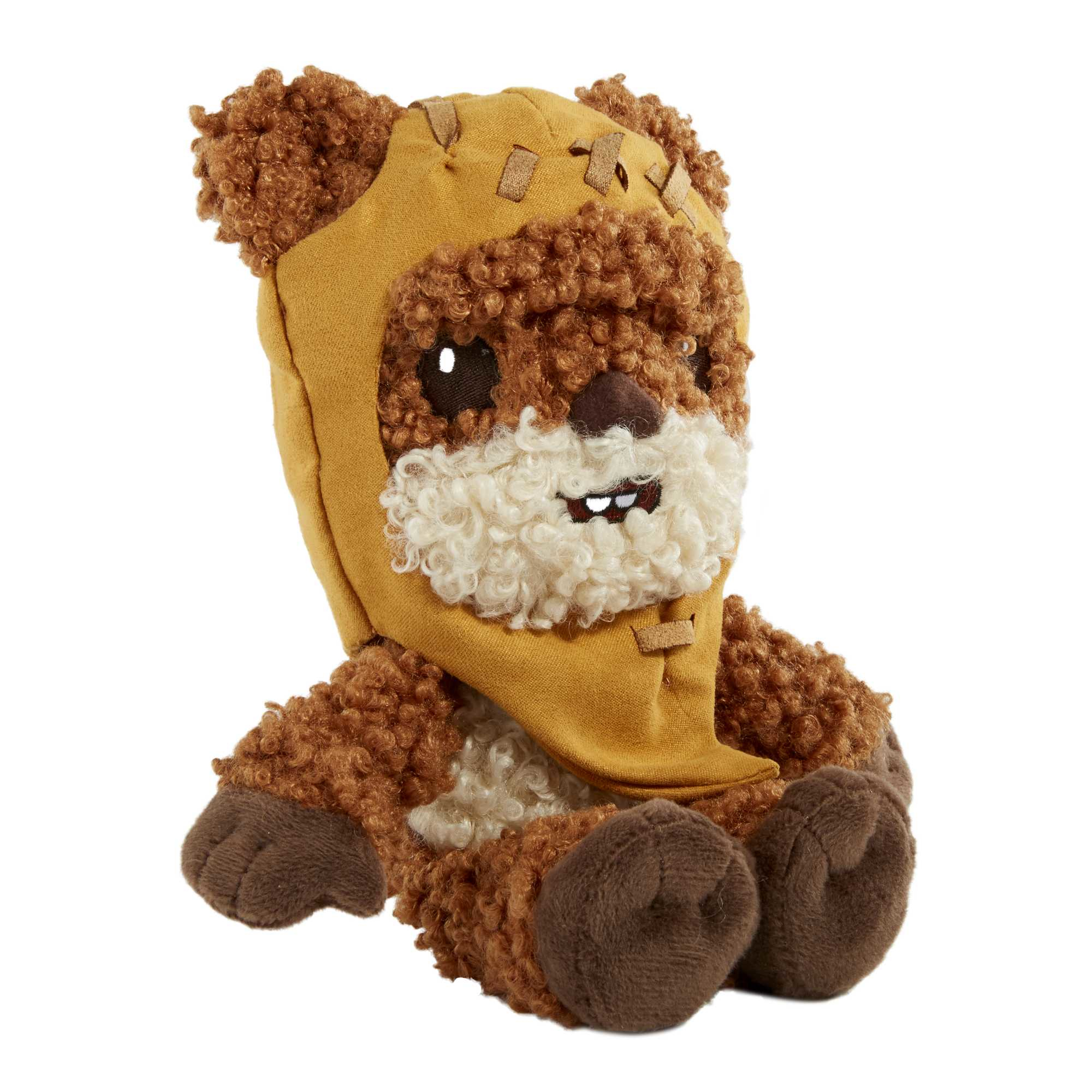 Un peluche Ewok marrone con cappuccio beige e viso bianco.