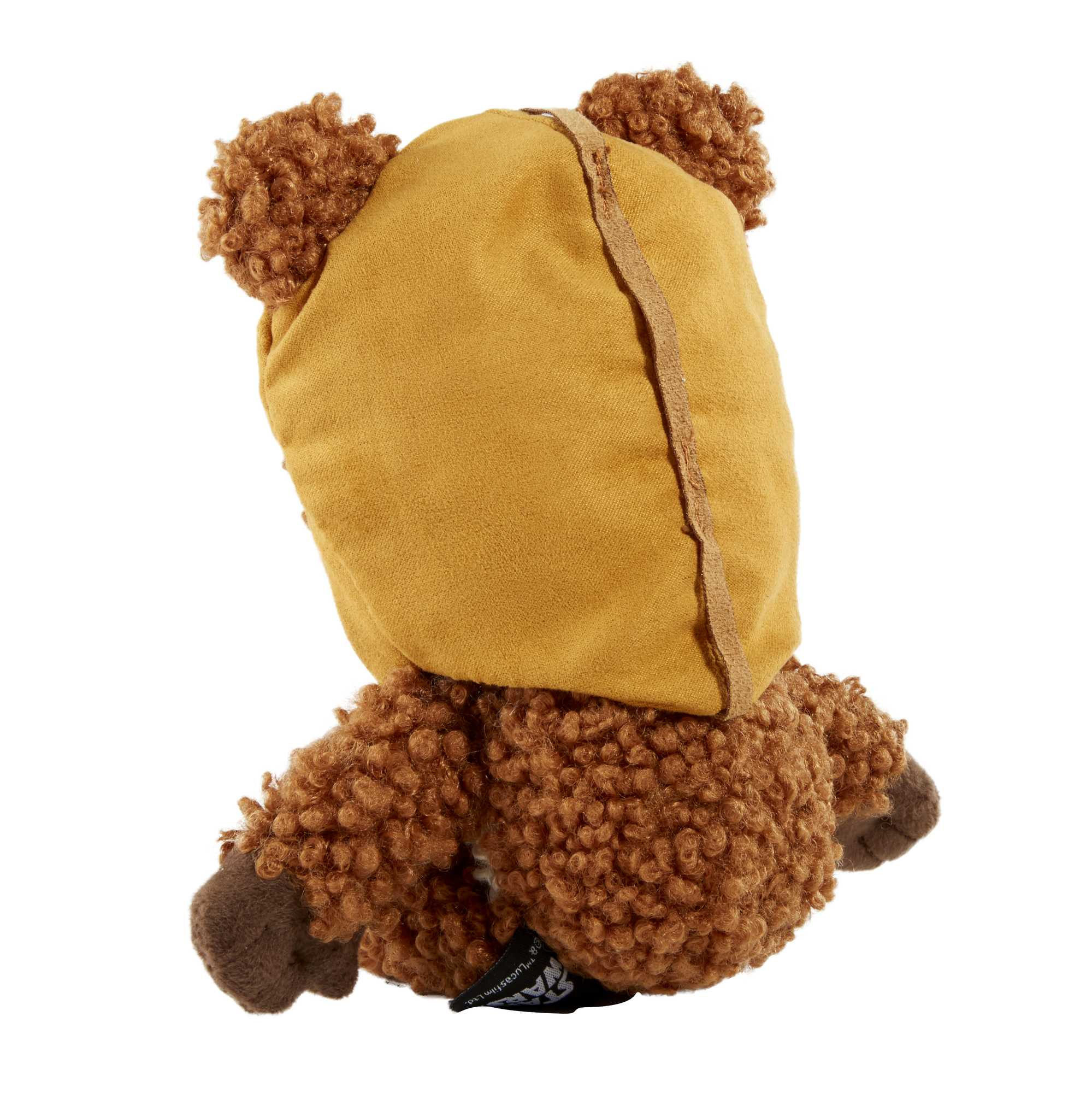 Peluche Ewok marrone da dietro. Indossa un cappuccio giallo.