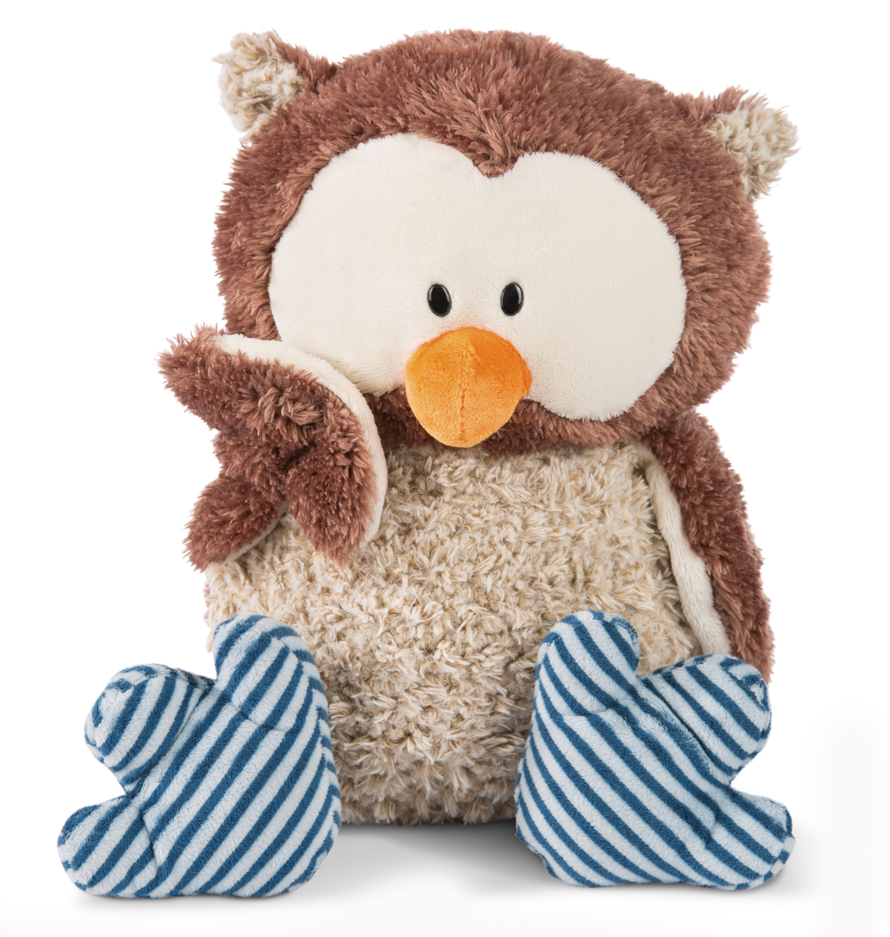 Pluszowa zabawka sowa. Brązowa z białą twarzą, pomarańczowym dziobem i niebieskimi paskowanymi stopami.