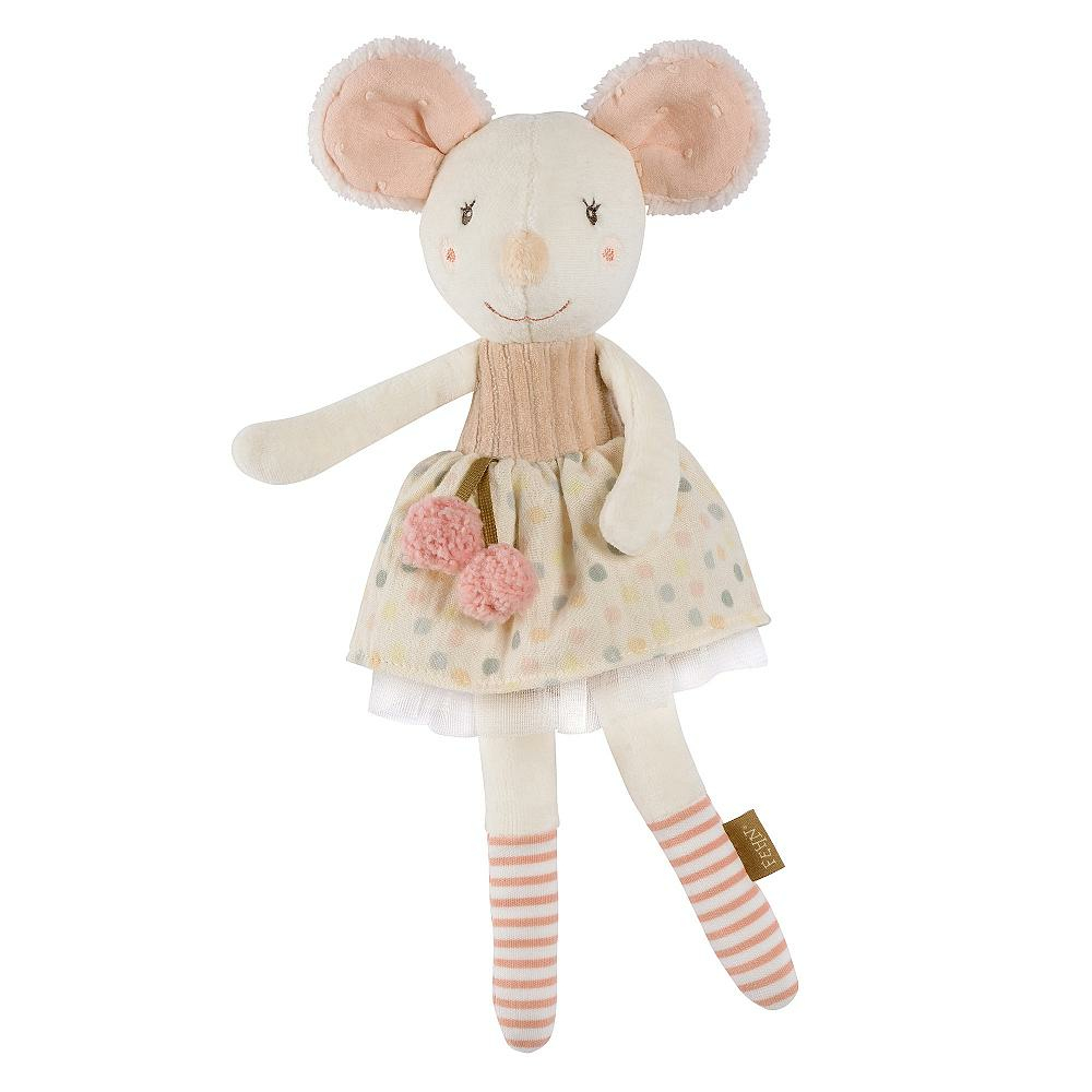 Un topo di bambola morbido con un vestito con gonna a pois. Le sue orecchie rosa e i pompon risaltano.