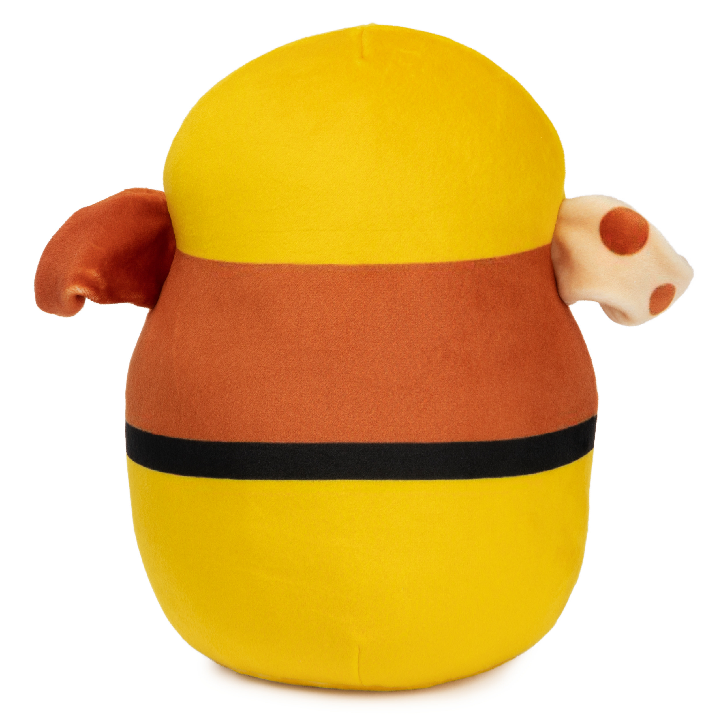 Vista posteriore di un peluche giallo e arancione con orecchie marroni e una striscia nera.