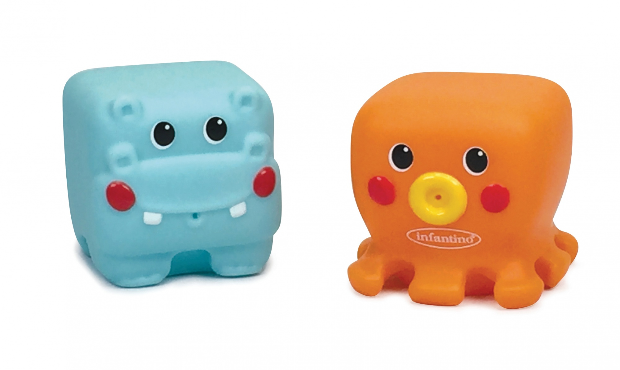 Due giocattoli da bagno, ippopotamo blu, polpo arancione.